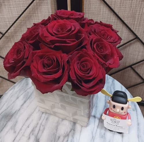 Radiant in Red Bouquet Radiant in Red Bouquet - This bold yet tasteful bouquet is the perfect size for any desk. Radiant in Red Bouquet makes a great gift for Valentine's Day, a Birthday, or an Anniversary. Arrangement Details: 12 Red Roses in a White, Cubed Vase APPROXIMATE DIMENSIONS 8" H X 10" L X 8"W