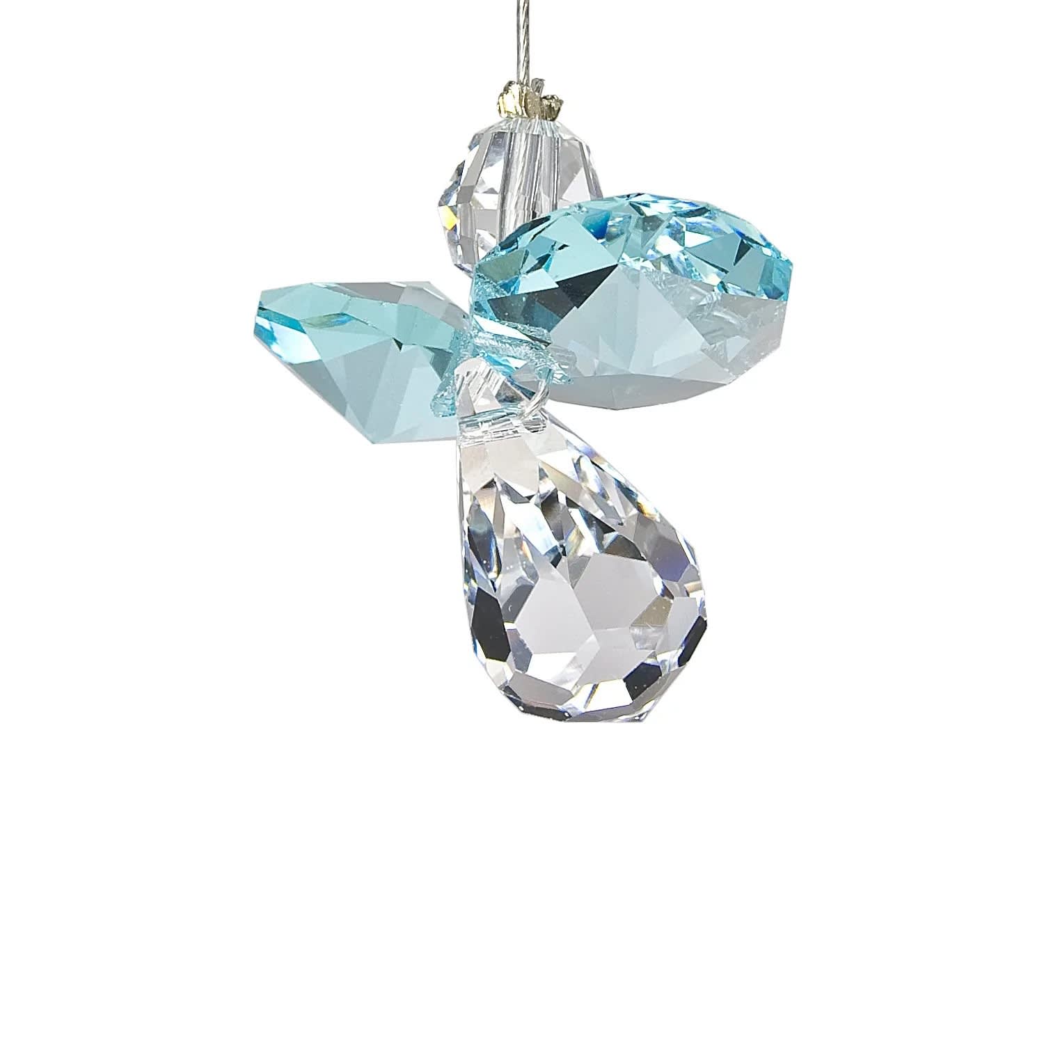 WC Crystal Guardian Angel - Aquamarine (March) - A crystal angel to watch over you. Aquamarine is the birthstone for March and represents the values of loyalty, honesty and happiness.  Works equally well as a sun catcher or Christmas ornament or hung in an office or dorm room. It's especially beautiful when hanging in the window or in front of a light.  Recommended for indoor use.  This product is handcrafted with pride in the U.K., therefore sizes can vary.  Not boxed, this crystal suncatcher comes ready to give with a sheer organza bag.  WoodstockGenuine Austrian crystals Nylon-coated tigertail wire Overall Length: 1 inches [Length: 6'' w/ wire] Individual Item Weight: 0.01 lb. Made in the United Kingdom Crystal Suncatchers — they do for light what our chimes do for sound™ 