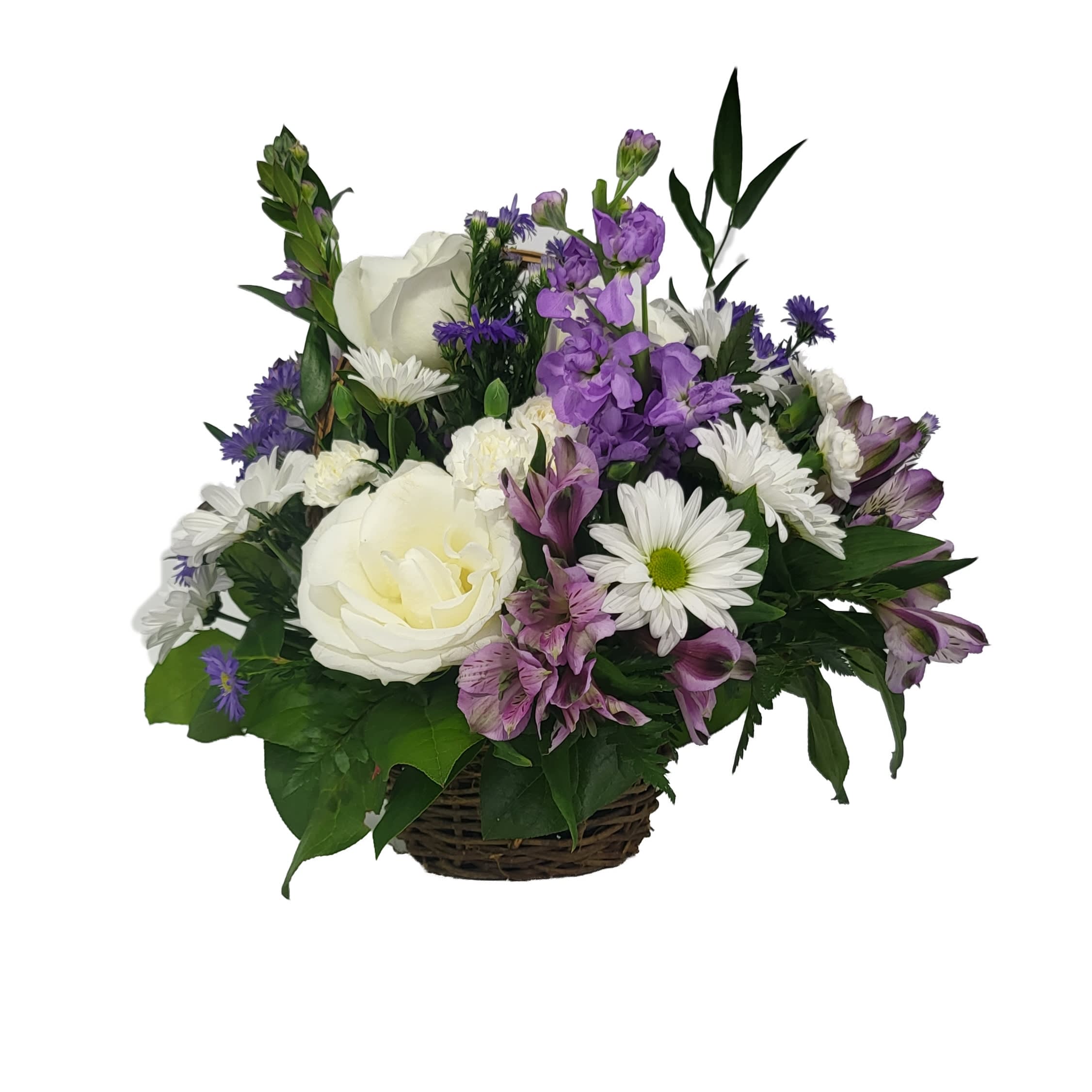 Simply Said - This simple wicker basket of white roses, alstroemeria, delphinium, and daisies complemented with just the right amount of greens and purple accents is perfect for any occasion!  If purple is not your color call us for available colors