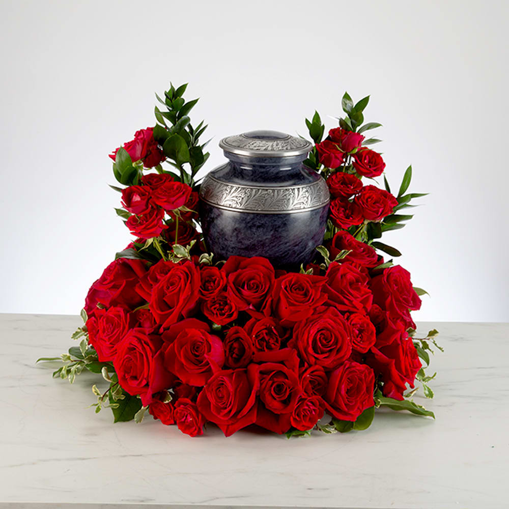 Always and Forever by BloomNation™ - Pure red roses and greenery come together to create this beautiful urn arrangement. Celebrate and honor their memories with this memorial. 