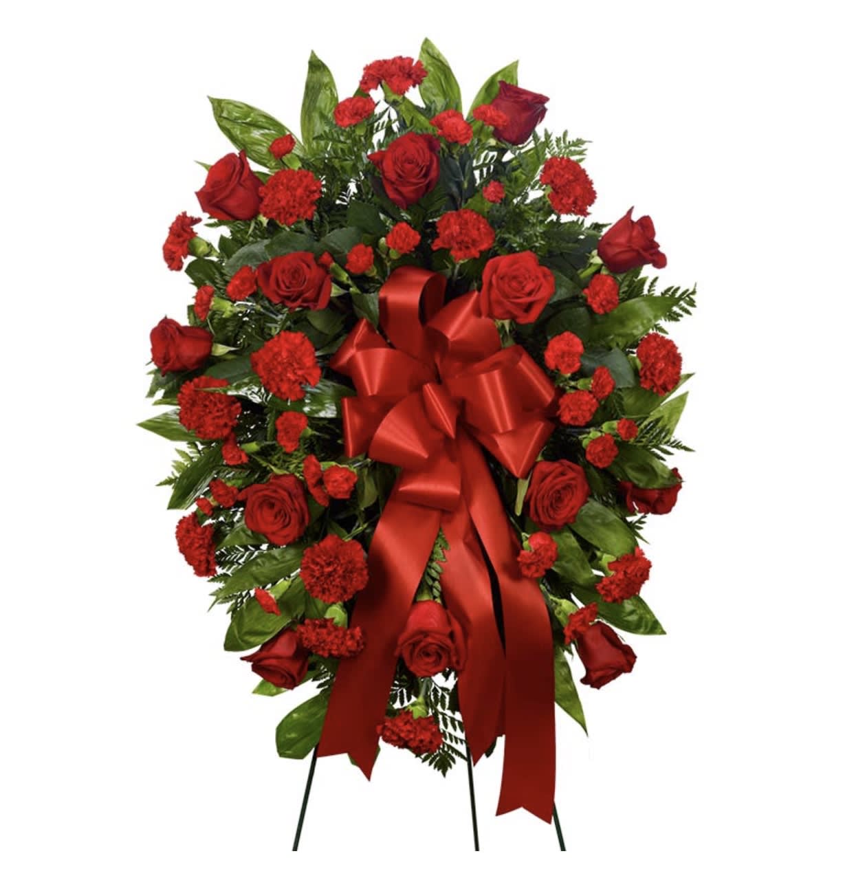 All red spray All red spray - All red spray A beautiful easel arrangement with an assortment of red carnations and red roses with a beautiful red ribbon