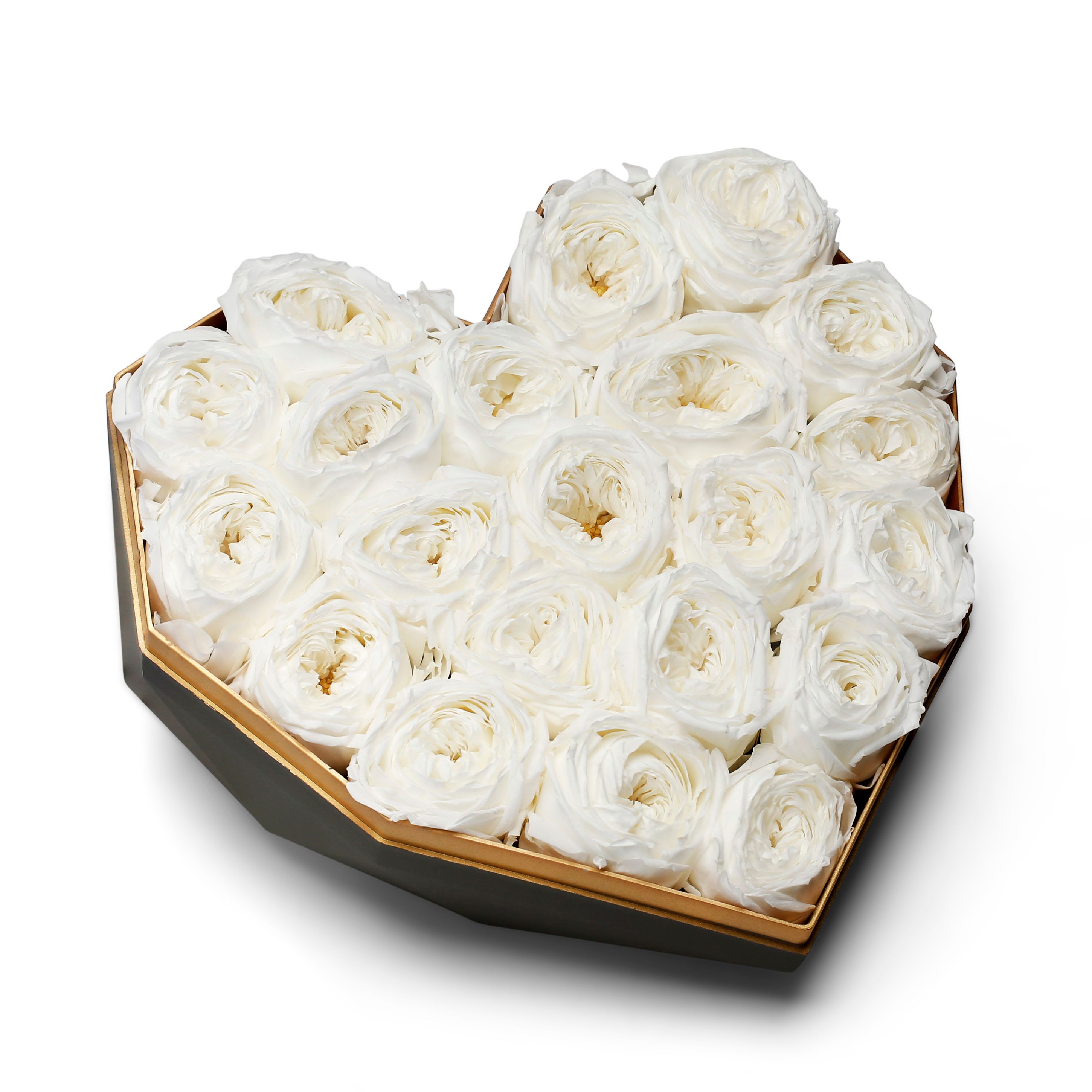 White rose Heart - Unique, geometric heart-shaped box Fully pack with healthy, gorgeous preserved garden roses. The ultimate gift for flower lovers. Lasts up to three years standard 6.5&quot; X 7'  OR  deluxe 9.5&quot; X 10&quot;  Please include in special instructions your choice of box color. 
