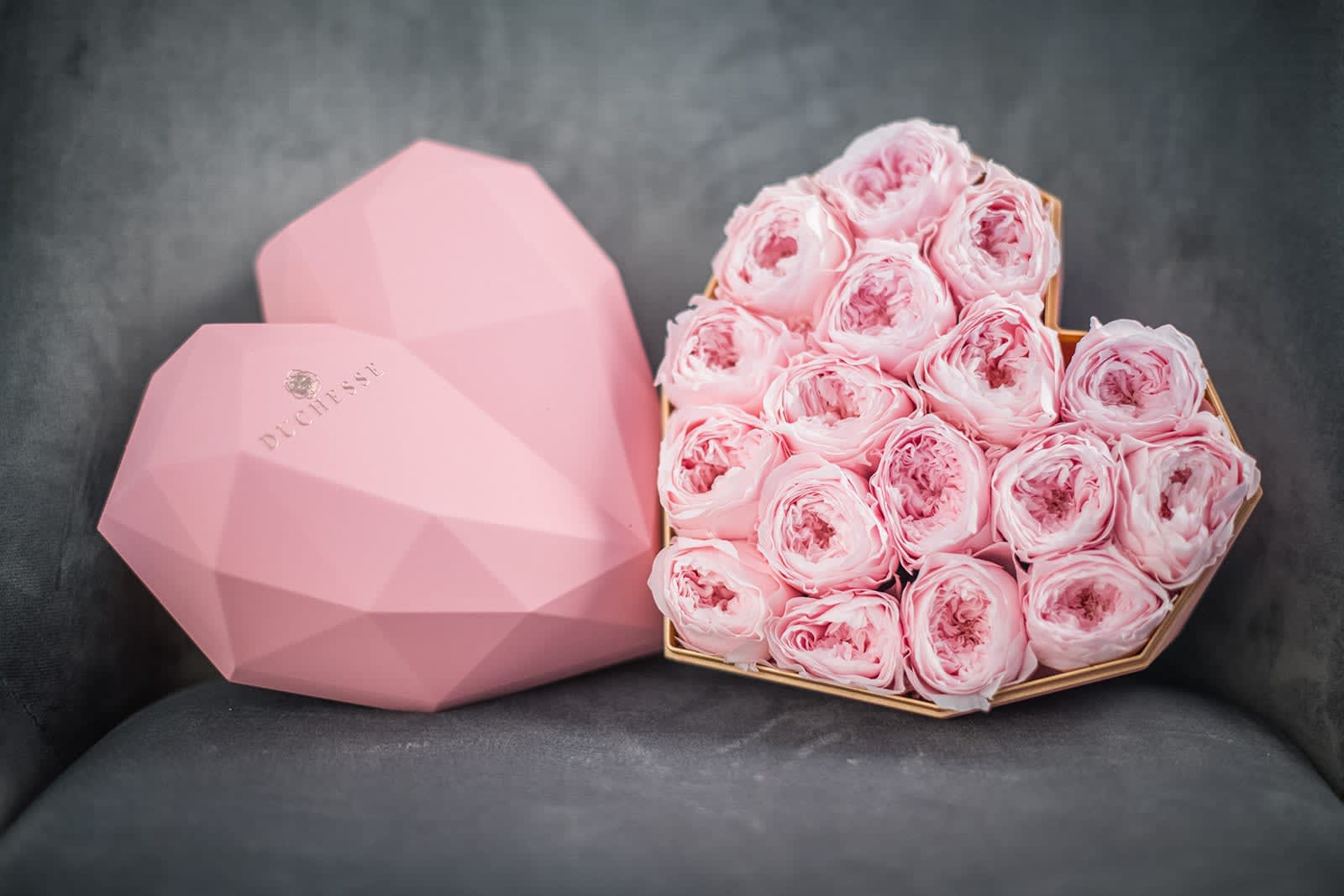 Pink Roses Heart - Unique, geometric heart-shaped box Fully pack with healthy, gorgeous preserved garden roses. The ultimate gift for flower lovers. Lasts up to three years standard 6.5&quot; X 7'  OR  deluxe 9.5&quot; X 10&quot;  Please include in special instructions your choice of box color.  