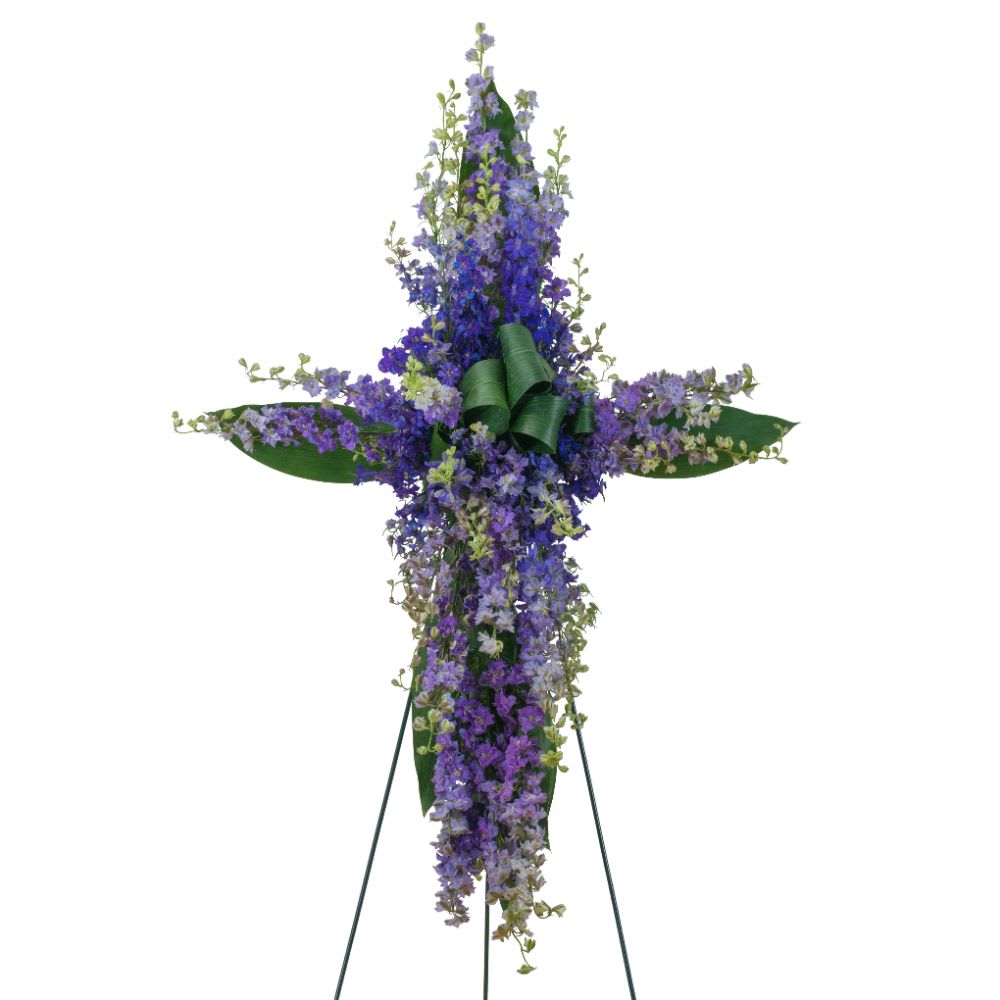 Lovingly Lavender Cross - TMF-784 - Pink and purple flowers combine to make a beautiful tribute. Approximately 20&quot; wide by 32&quot; high As Shown : TMF-784