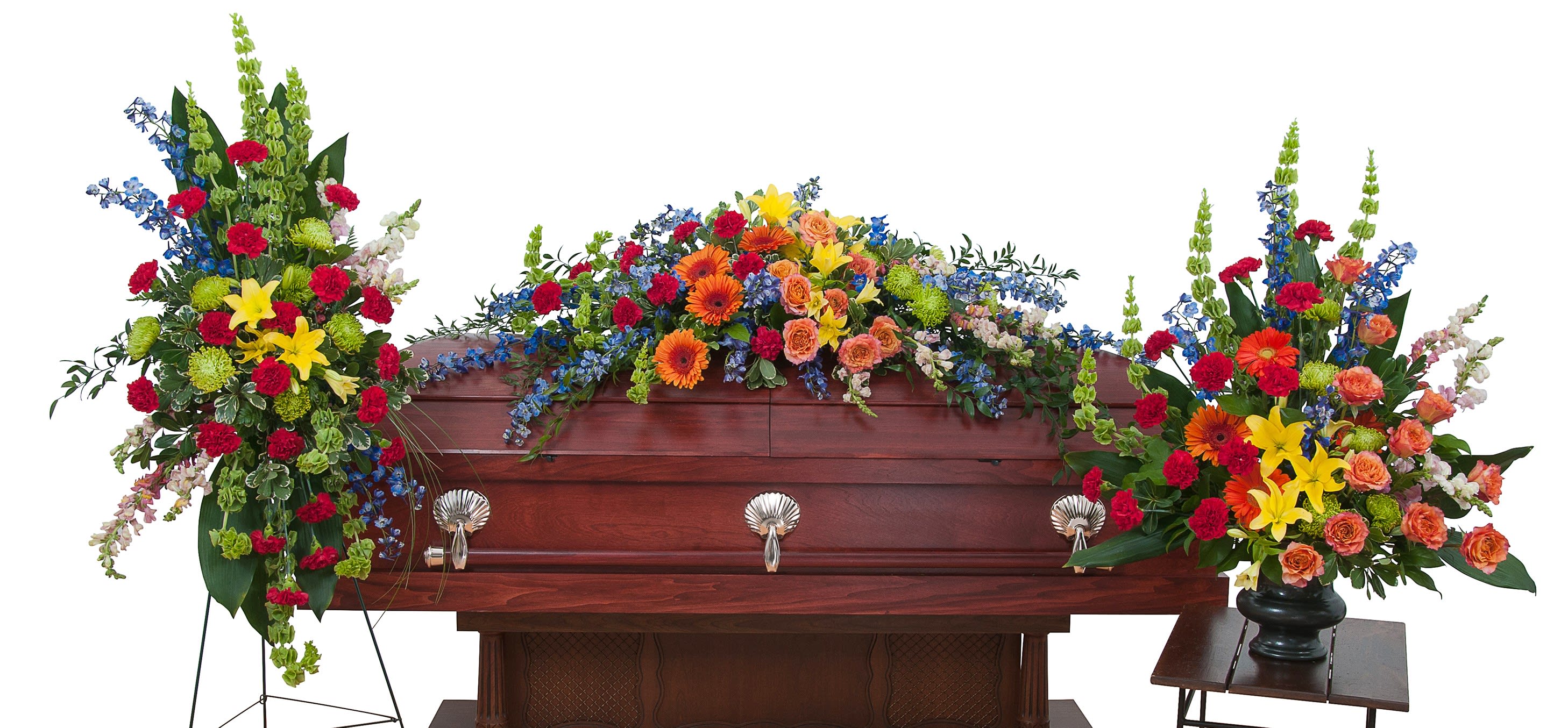 Treasured Celebration Trio Full Closed - TMF-790 - The treasured celebration trio includes a casket spray, standing easel spray and crescent urn arrangement.