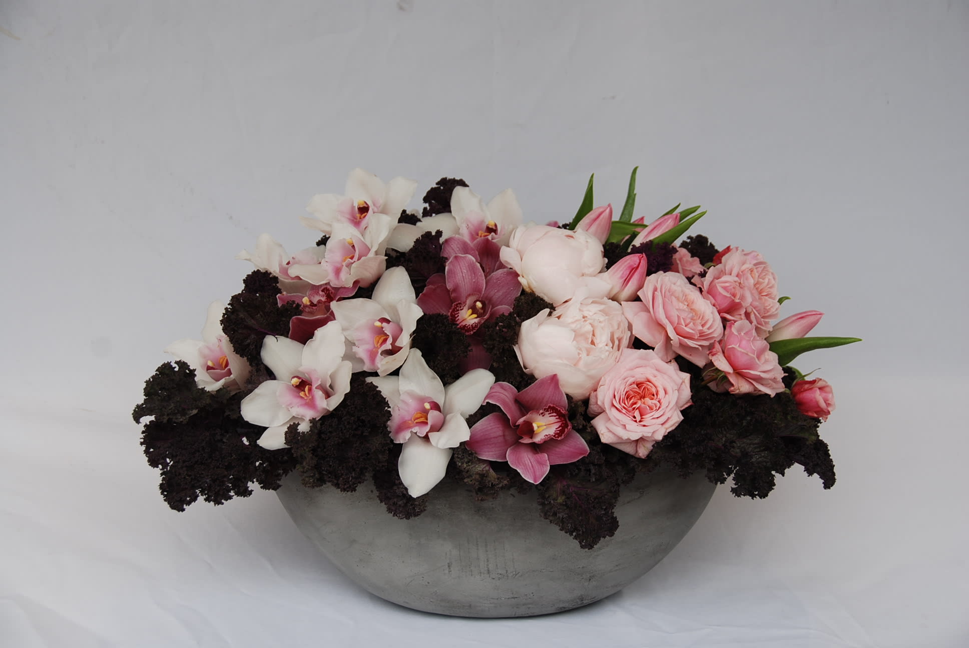 Stunning Orchids  - This beautiful arrangment is design in a contemporary concrete container, filled with white and pink cymbidium orchids, white peonies, and blush pink garden roses and tulips. it is Accented with dark decorative Kale to create a beautiful contrast.   