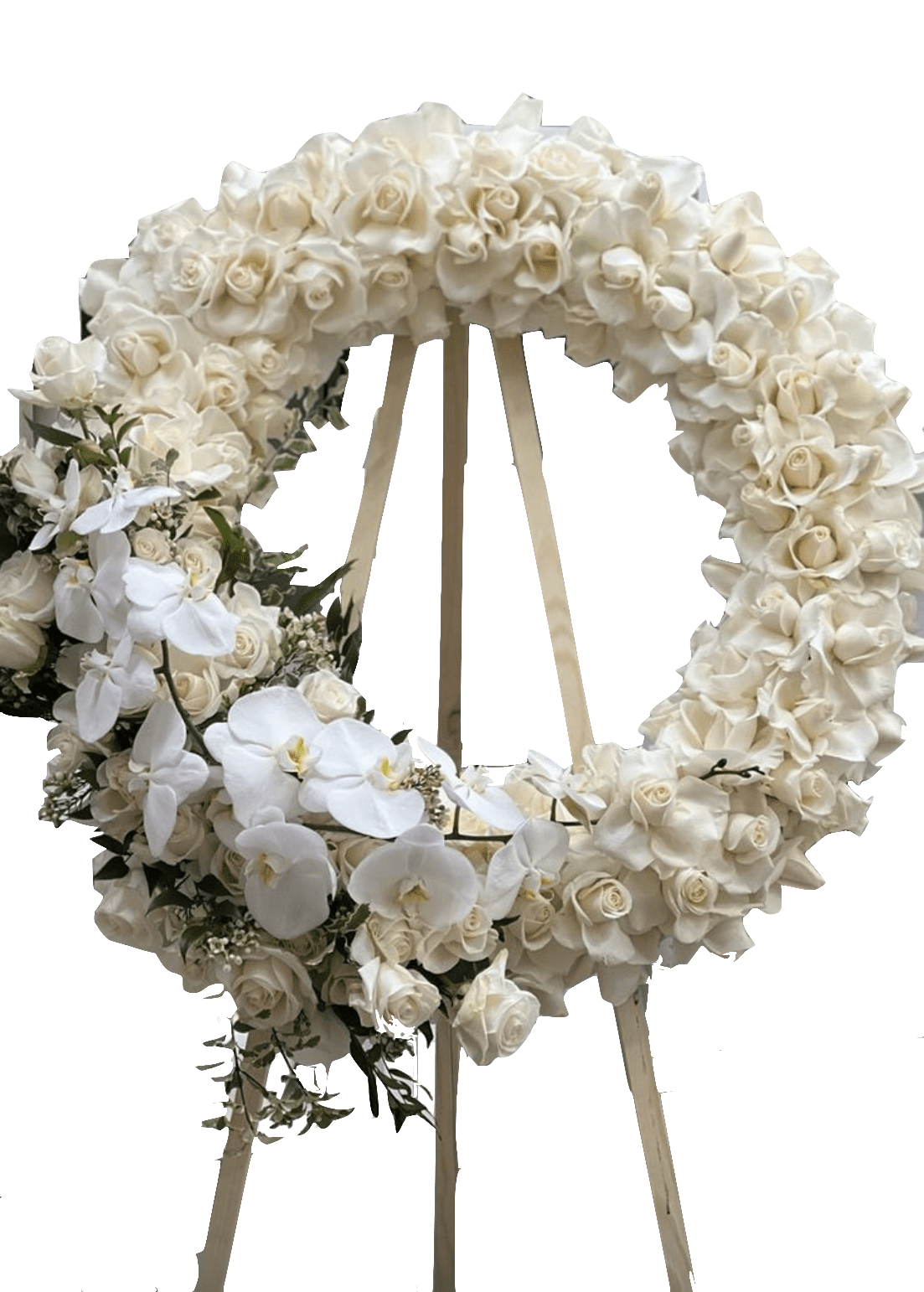 Visting Hours Visting Hours - This funeral arrangement is a wreath with roses and orchids. This arrangement has the following florals; roses, one steam of orchid and greenery.