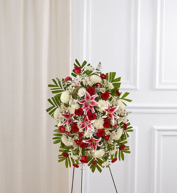 Deepest Sympathies Red &amp; White Standing Spray - Product ID: 91289  With red flowers that symbolize love and white flowers that symbolize reverence, this beautifully crafted standing spray conveys all the love and sympathy you feel deep in your heart. Our expert florists use only the freshest blooms for an arrangement that reflects your compassion and support. Standing spray arrangement of fresh red and white flowers such as roses, hybrid lilies, carnations and more Appropriate for family, friends and business associates to send directly to the funeral home Our florists use only the freshest flowers available, so colors and varieties may vary Large measures approximately 54&quot;H x 36&quot;L without easel Medium measures approximately 48&quot;H x 36&quot;L without easel Small measures approximately 42&quot;H x 36&quot;L without easel