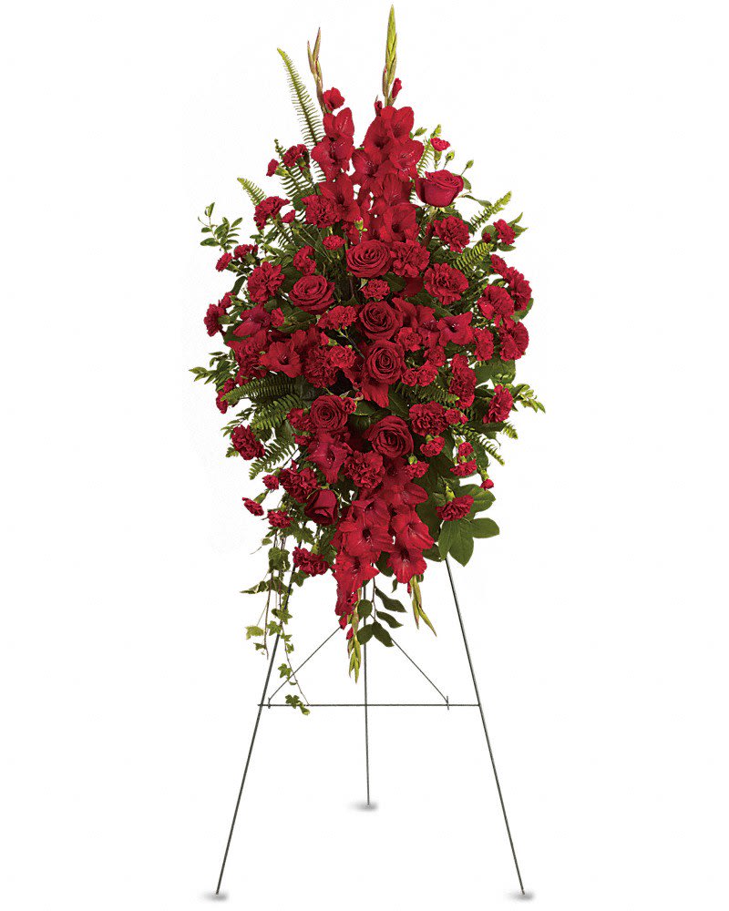 Thoughts of Joy Spray - This rich radiant spray of red roses gladioli and other popular red flowers during a time of loss conveys a message of reassurance and hope in a difficult time. The radiant arrangement includes red roses red gladioli red carnations and red miniature carnations accented with assorted greenery.