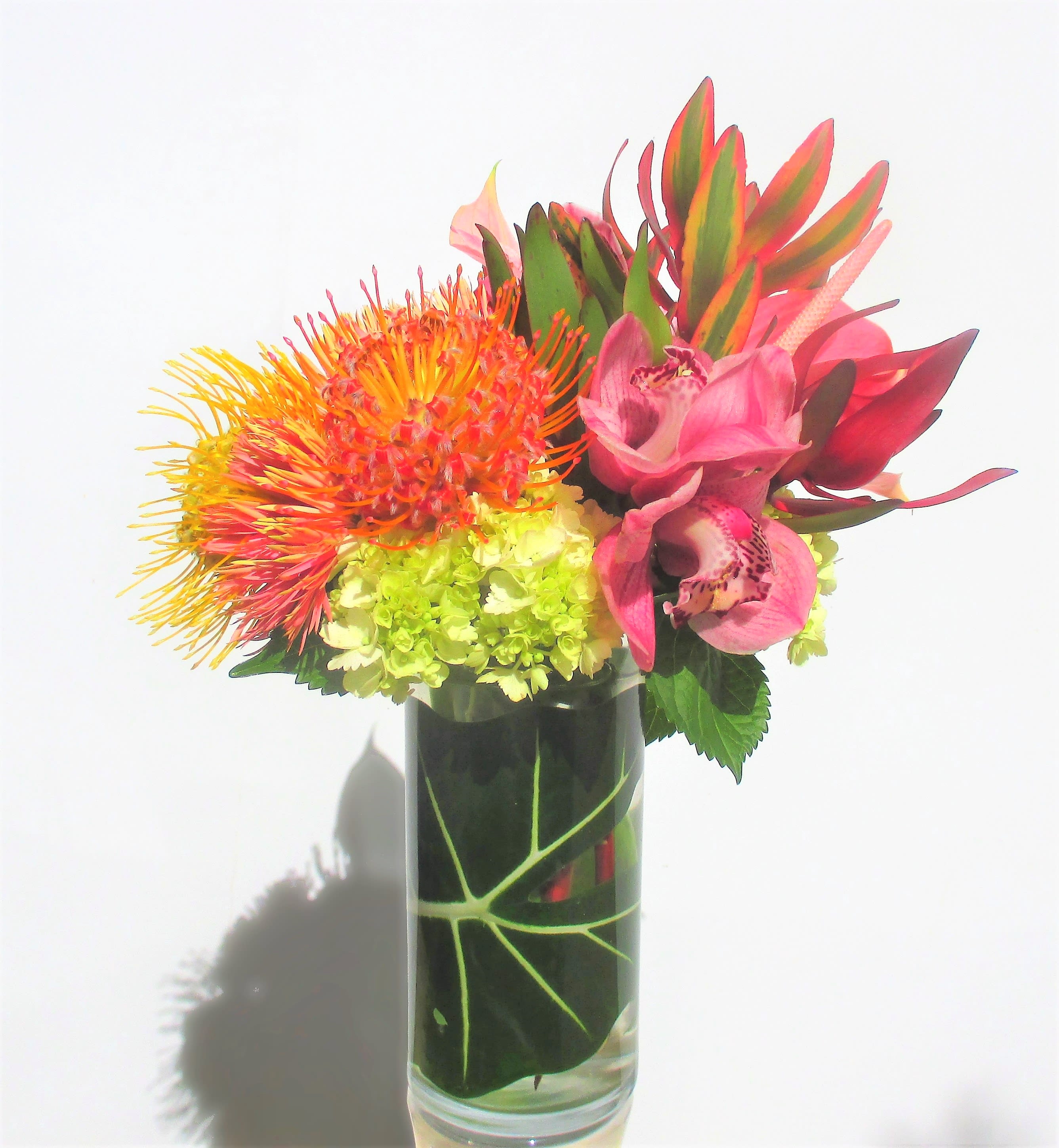 Tropical Bliss - A beautiful mix of texture and color: Pin cushion Protea, Anthuriums, Green Hydrangea, Safari and Cymbidiums in leaf wrapped glass cylinder. 