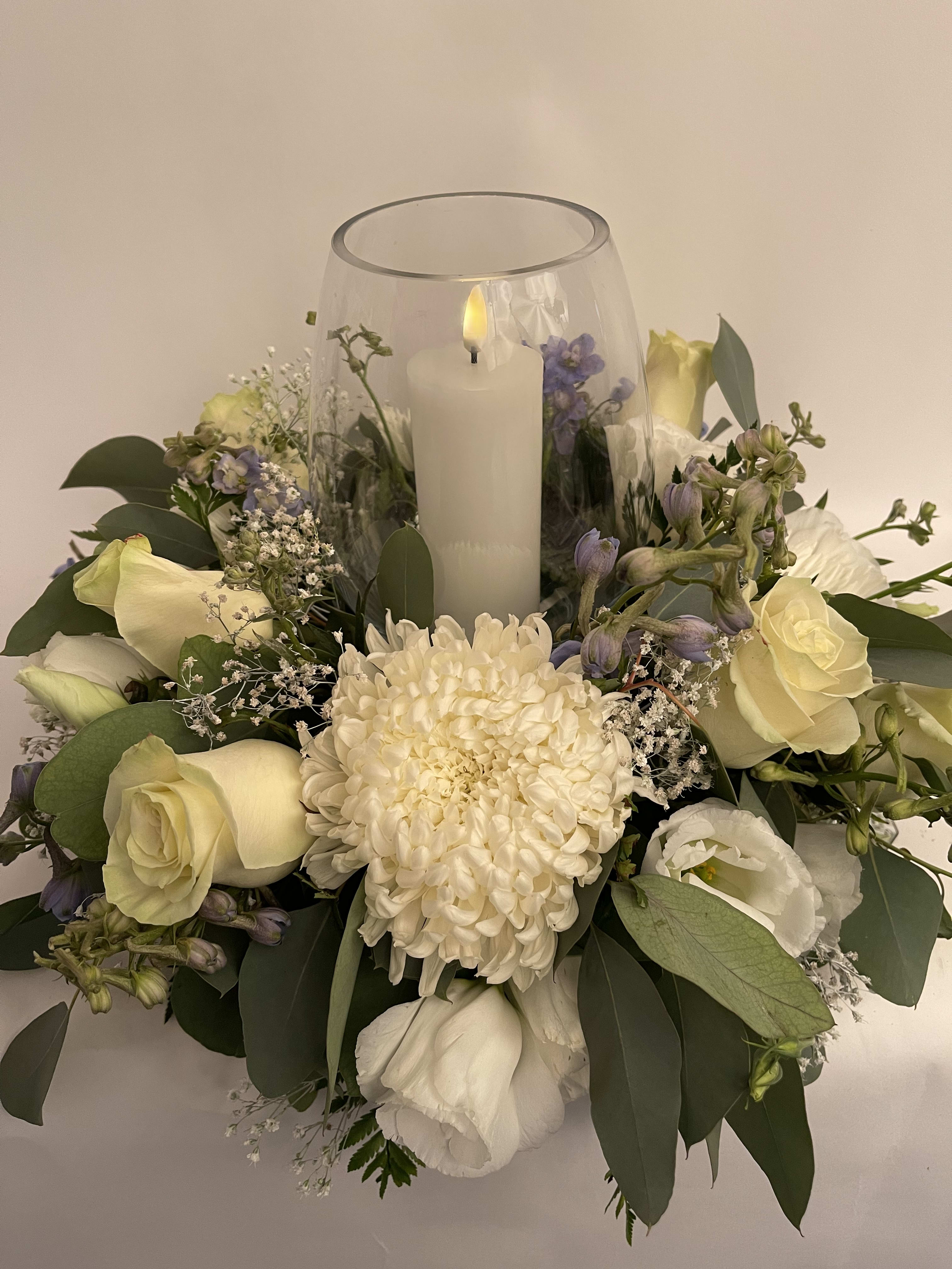 Blue and white centerpiece w/ candle  - Battery operated candle 