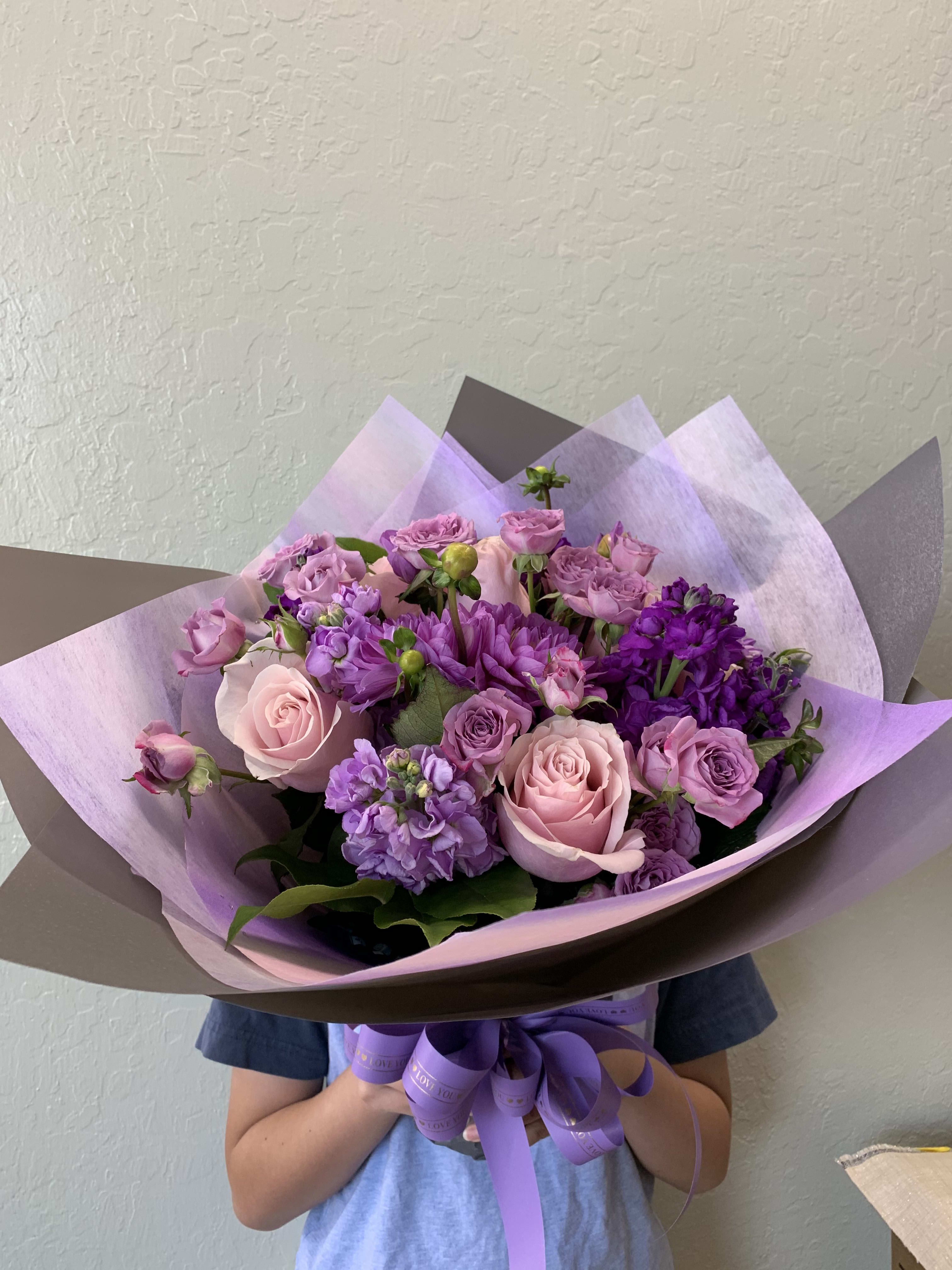 Purple and Pink Paper Wrapped Bouquet in San Jose, CA La Floriya