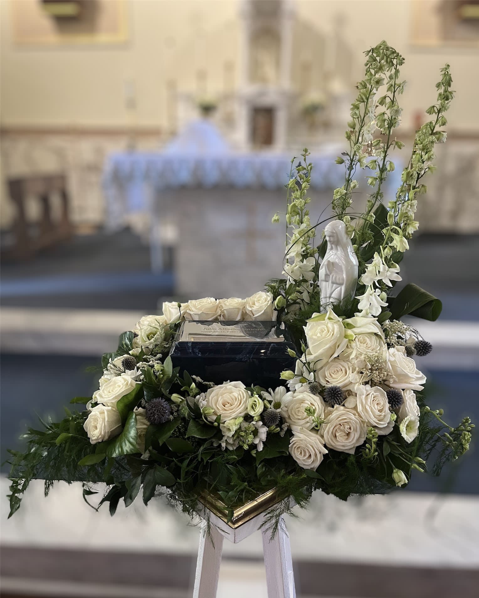 White Garden memorial by unique K floral studio  - A lovely memorial display for an urn or picture 