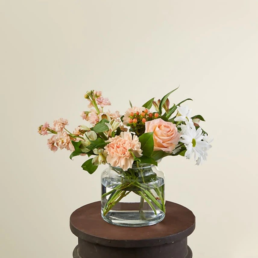 Sweet Sherbet Bouquet - Share the Sweet Sherbet Bouquet as a fun–loving surprise for a beautiful birthday gift, celebrating Mother's Day or just because. The unique, pastel peach carnations, roses and hypericum berries bring bold color and texture to any space.