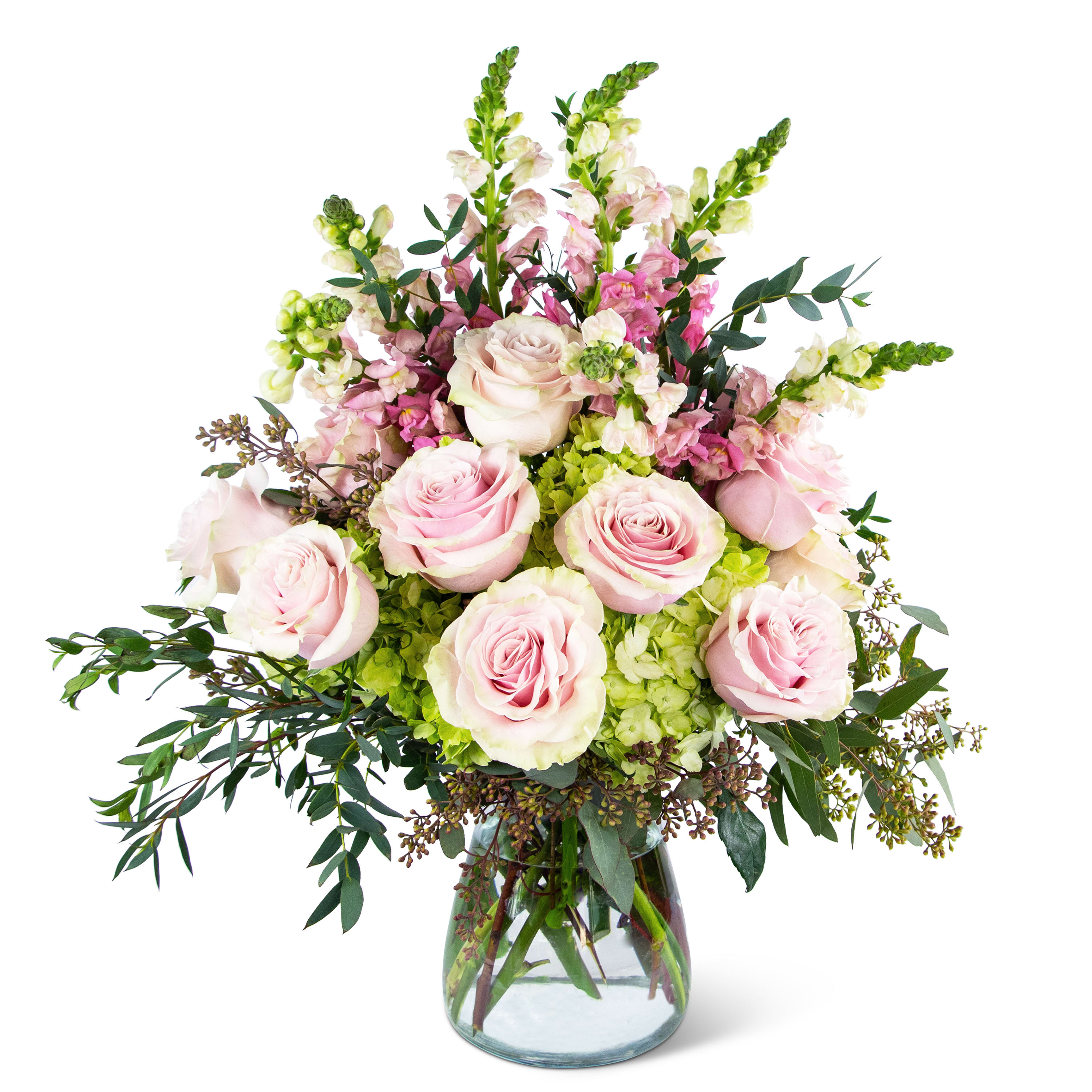 Dreamy Roses Supreme - TMF-964 - Untouchable, this bouquet cannot be matched in taste or elegance. Premium Roses, Snapdragons, and Alstroemeria in Pink are surrounded by Green Hydrangea and flowing greenery. When you want to send the ultimate floral gift, choose the Dreamy Roses Supreme arrangement. A gift she will never forget. Approximately 19&quot;W x 24&quot;H