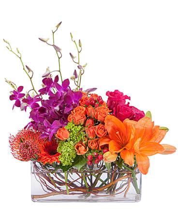 Powerfully Prismatic - Groupings of premium blooms in a clear glass container combine to make this modern design.