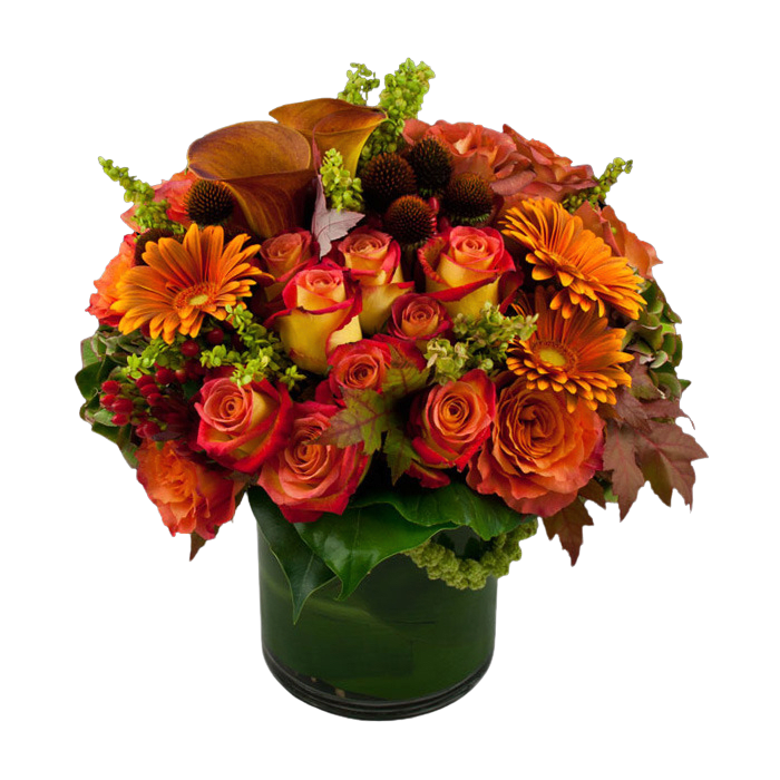 Premium Fall Market Arrangement Premium Fall Market Arrangement - Premium Fall Market arrangement with seasonal fall flowers. This one of a kind unique fall flower arrangement will make a large impact . Flowers used in this arrangement are Roses, Calla Lillie's, Sunflowers and Hydrangea, Fall foliage and berries. This is in an 8 inch glass cylinder vase Might have different items then shown in the arrangement
