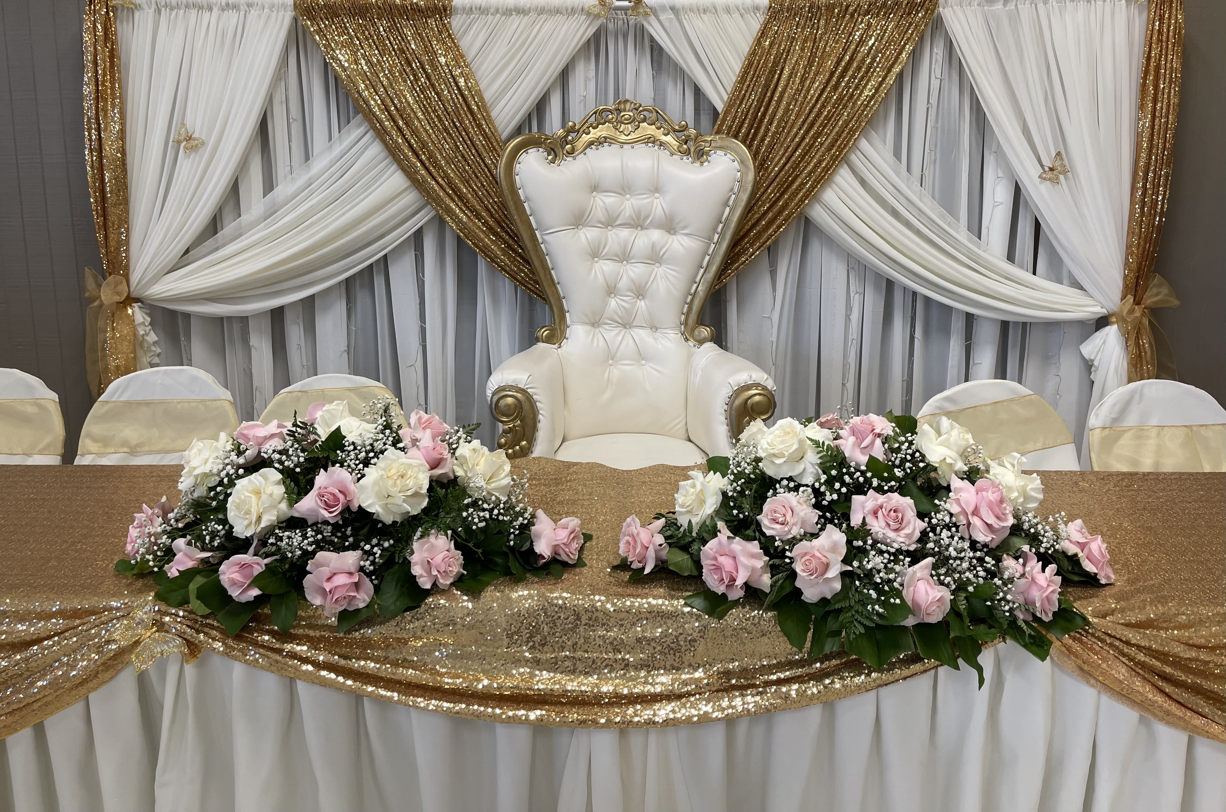Gold and Ivory sequin backdrop in Pomona, CA | Sophies Flowers and ...