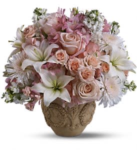 Garden of Memories - Pink Roses, White Lilies, Pink Alstromerias, White Stock &amp; White Cremons
