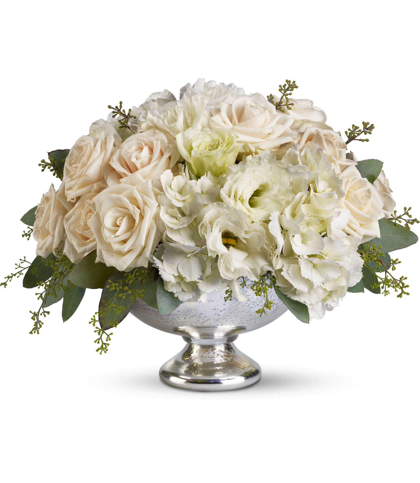 Park Avenue Centerpiece - T188-1A - Treat your guests to Park Avenue elegance with this dazzling arrangement of crÃ¨me roses, white hydrangea and white lisianthus presented in a brilliant Mercury Glass Bowl. It's a lovely choice for any special occasion, from weddings to anniversaries.  A beautiful Mercury Glass Bowl presents a soft mix of crÃ¨me roses, white hydrangea and white lisianthus accented with seeded eucalyptus.  Approximately 13 1/2&quot; W x 10 1/4&quot; H  Orientation: All-Around      As Shown : T188-1A  