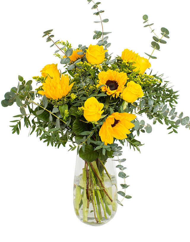 Sunflowers, Yellow Roses & Eucalyptus Bouquet Sunflowers, Yellow Roses & Eucalyptus Bouquet - What a bright and cheery product!” Sunflowers make everyone smile and this bouquet certainly aims to do just that. Sunflower Sunrich , Yellow Roses, Soli Tara & Mixed Eucalyptus