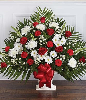 Red & white sympathy Arrangement Red & white sympathy Arrangement - Red and white flowers basket