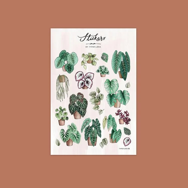 Houseplant Lovers Sticker Sheet -  Full color illustrated stickers sheet printed on matte coated stock with a total of 24 stickers. Great for decorating your planner, notebook, gift wrap or envelope! Package individually in a clear protective sleeve.