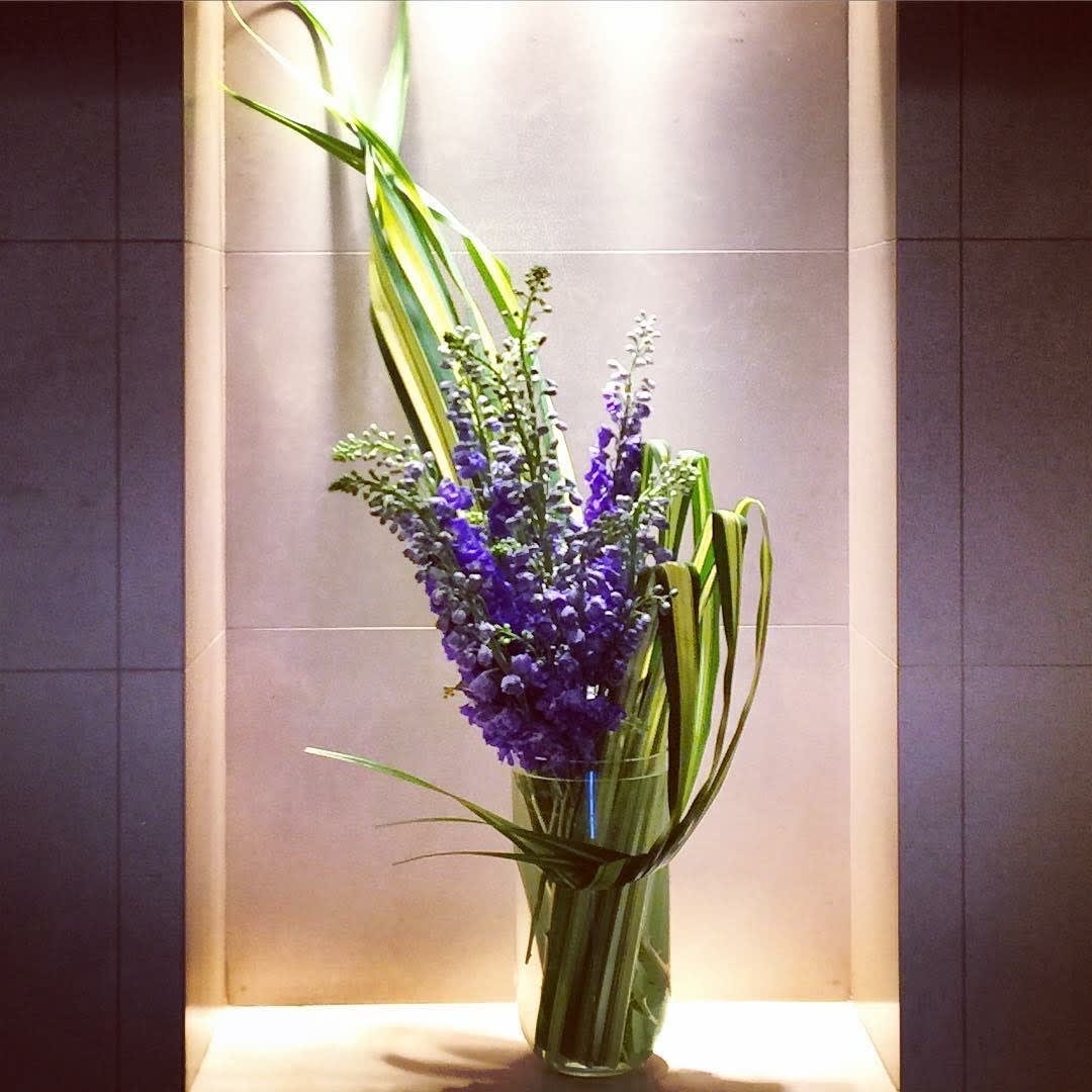 The Williamsburg The Williamsburg - The Delphinium Arrangement's composition of blue delphinium stems and long green leaves to add a modern twist to traditional flower arrangements. Beautifully displayed in a tall glass vase, this vibrant bouquet is finished with Hala leaves, creating the perfect centerpiece for any occasion.