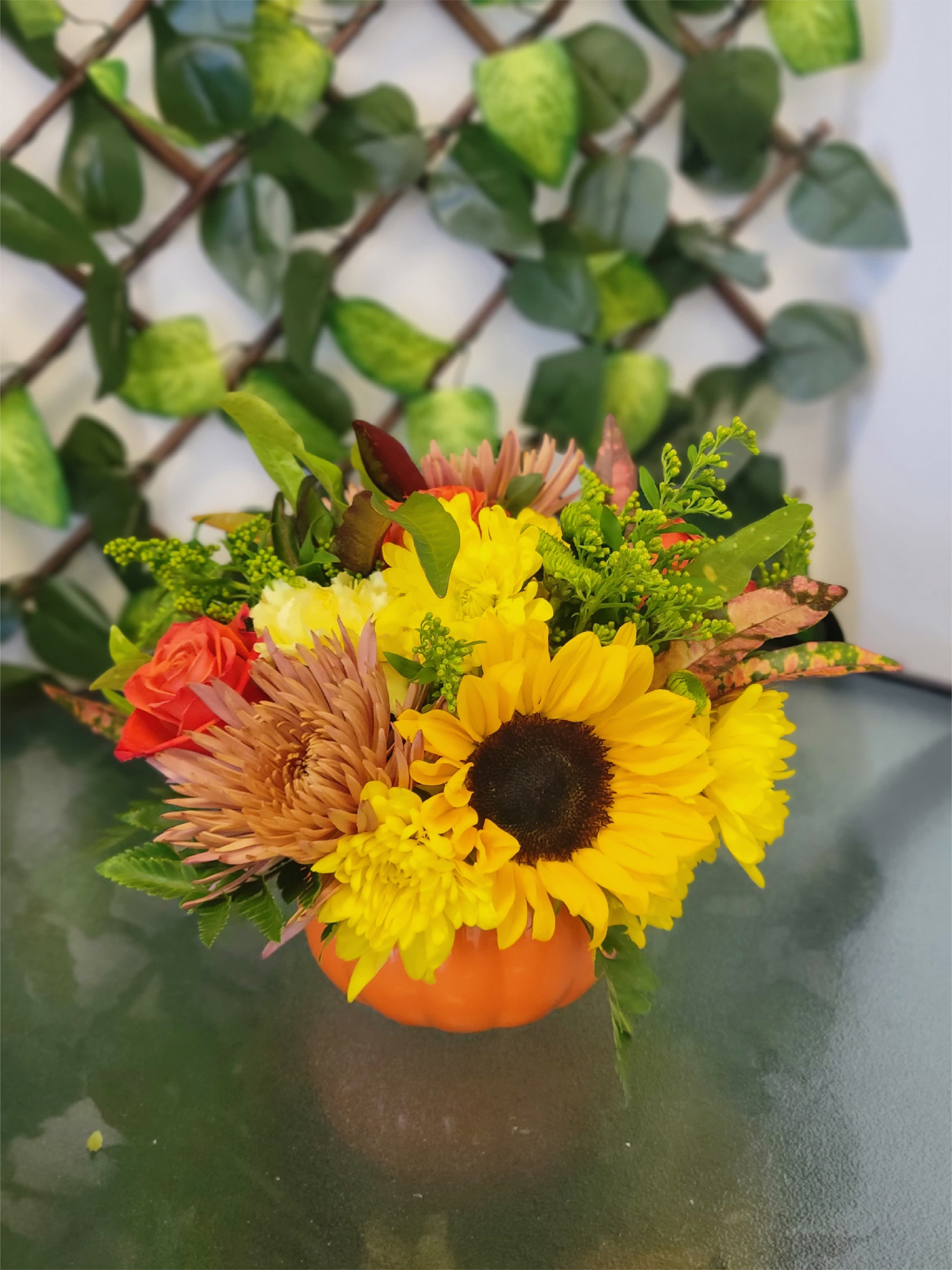 Harvest Pumpkin - Beautiful pumpkin with a lid made with a variety of seasonal flowers