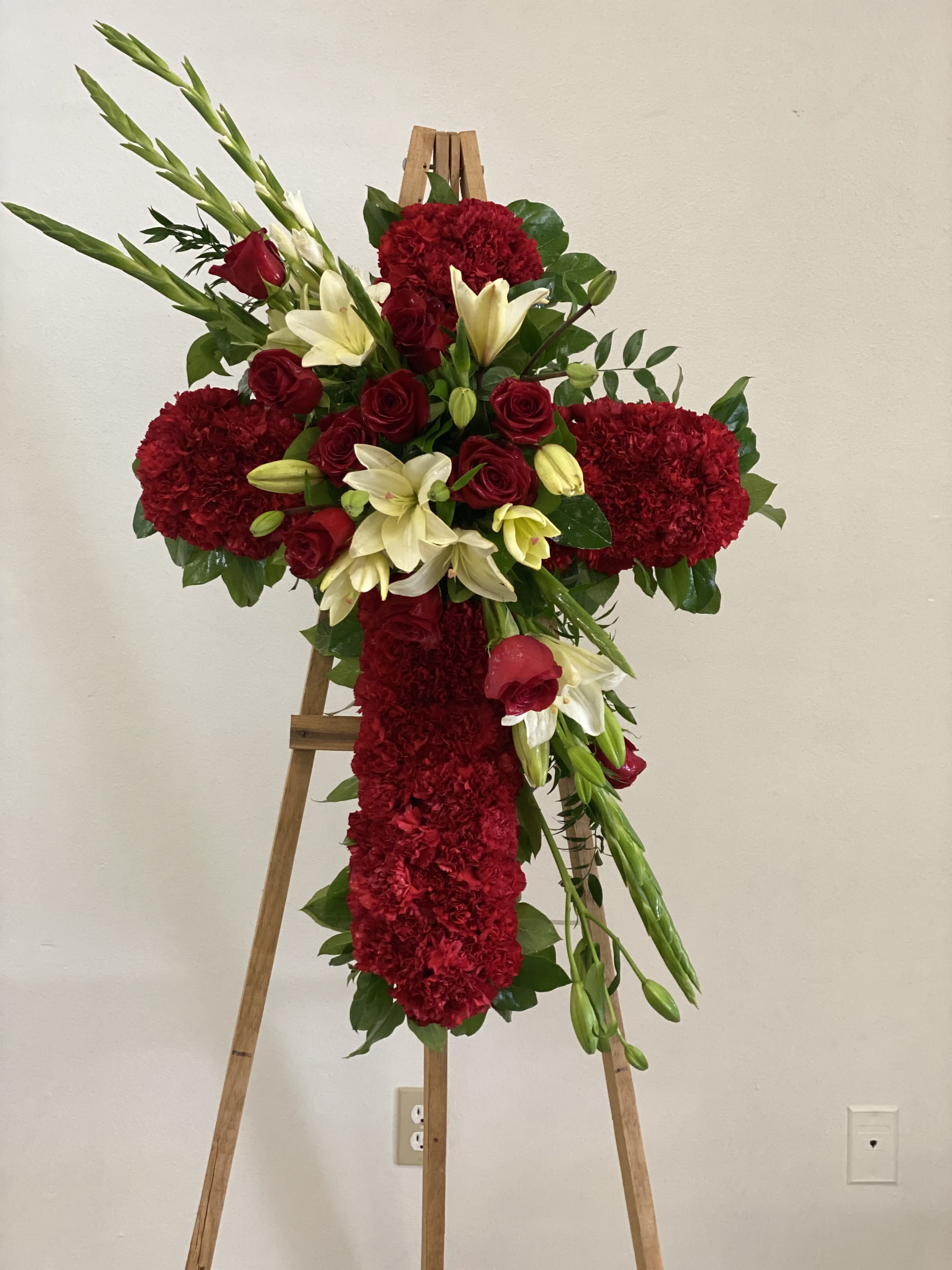 Peace be with you Cross - A special way to honor a loved one’s memory , this Red and white standing Cross is absolutely breath taking  Cross/flowers: approximately 39” tall, Isle is approximately 72” tall