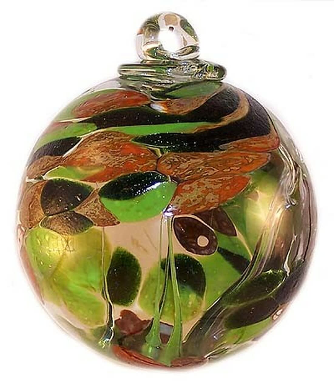 Iron Art Glass-Small Witch Ball Silver Nitrate Greens &amp; Burnt Orange - **Arrives in decorative gift bag** For over two hundred years, the superstition behind Witch Balls has traveled from England to New England. The magic of a Witch Ball is to ward off evil spirits, witch's spells, and ill fortune by capturing them in the hollow interior. As the spirit is mesmerized by the ball's color and reflection, it enters the ball and is caught by it's web-like inside. Our glass Witch Balls are made from recycled glass in the Carpathian Mountains; the land of superstition, old world mystery and storybook folklore. As the ball is molten hot, the glass is formed, the ball is rolled into colored glass granules to provide the design. With this process each of our Witch Balls are uniquely handcrafted and no two are alike. Let the magic of our Witch Balls decorate your home.  Width: 4.00 (in) 