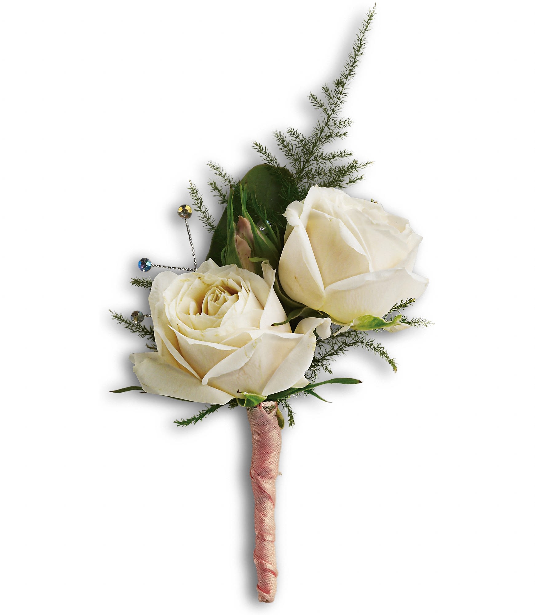 White Tie Boutonniere - T203-5A - Cream-colored roses, asparagus plumosus and salal. Approximately 3 1/4&quot; W x 6 3/4&quot; H. T203-5A