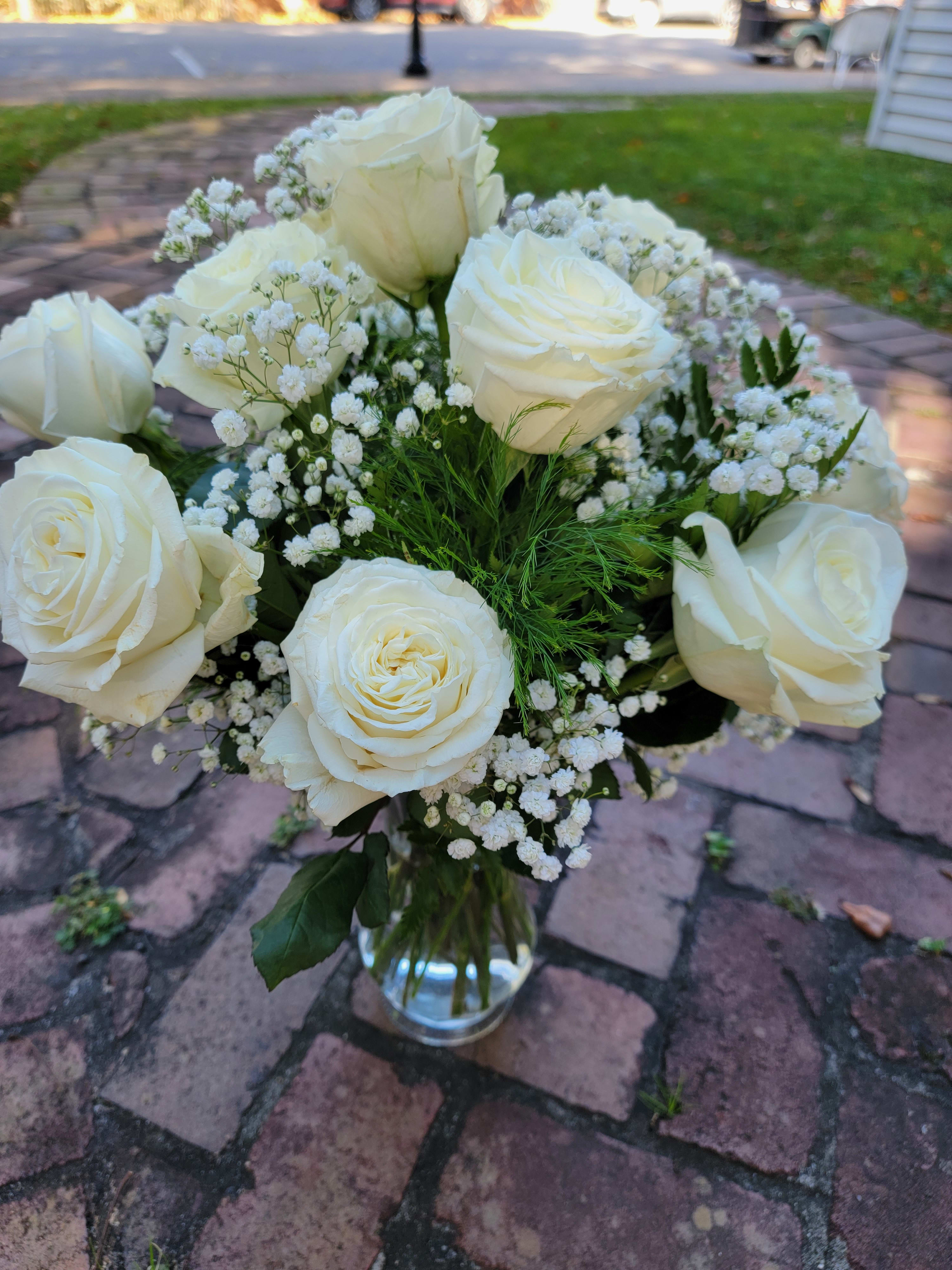 Dozen Long Stem White Roses by BloomNation™ - A dozen white roses are a classic gift! Perfect for Valentine's Day, an Anniversary, or any type of celebration.  Approximate Dimensions: 20&quot;D x 30&quot;H
