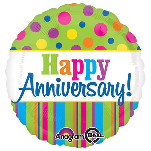 Bright Happy anniversary balloon  - Accent your anniversary themed party with this 18&quot; round Bright Anniversary foil mylar balloon.