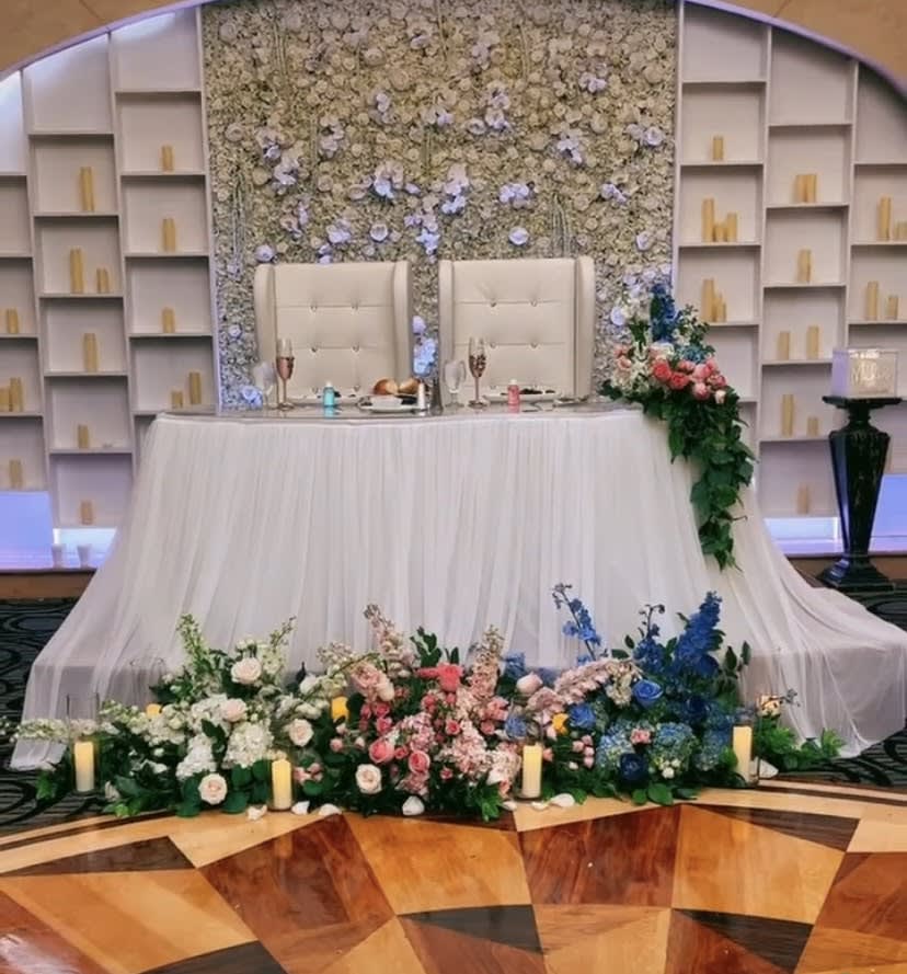Sweetheart Table Wedding. Sweetheart Table Wedding. - Stocks, delphiniums, roses, hydrangeas, greeneries, and candles.