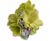 Soft Green Glamour Wristlet - by Collene's Crafts-N-Flowers - A fresh unique look pairing soft green gladioli with lavender hyacinth and scabiosa. A stunning wristlet with green gladioli lavender hyacinth and scabiosa.Approximately 5&quot; W x 5 1/2&quot; H Orientation: N/A As Shown : T200-1A