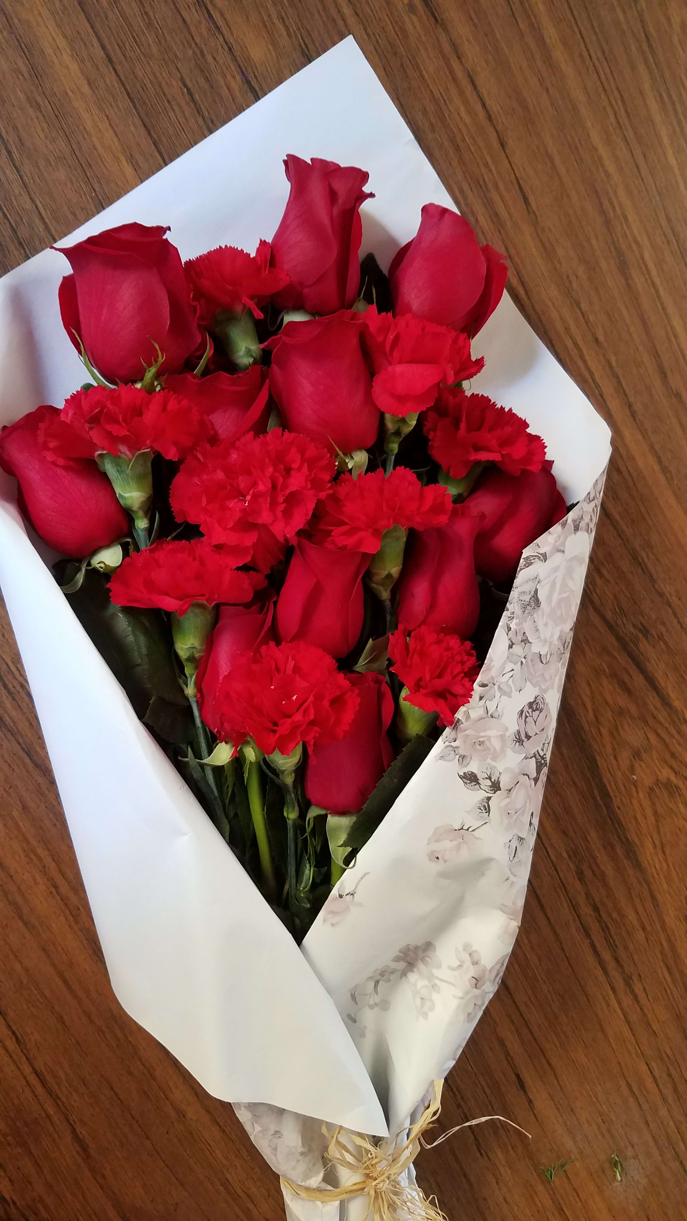 Passion Red Roses  - All Red Roses with Red Carnations Wrapped in White Paper 