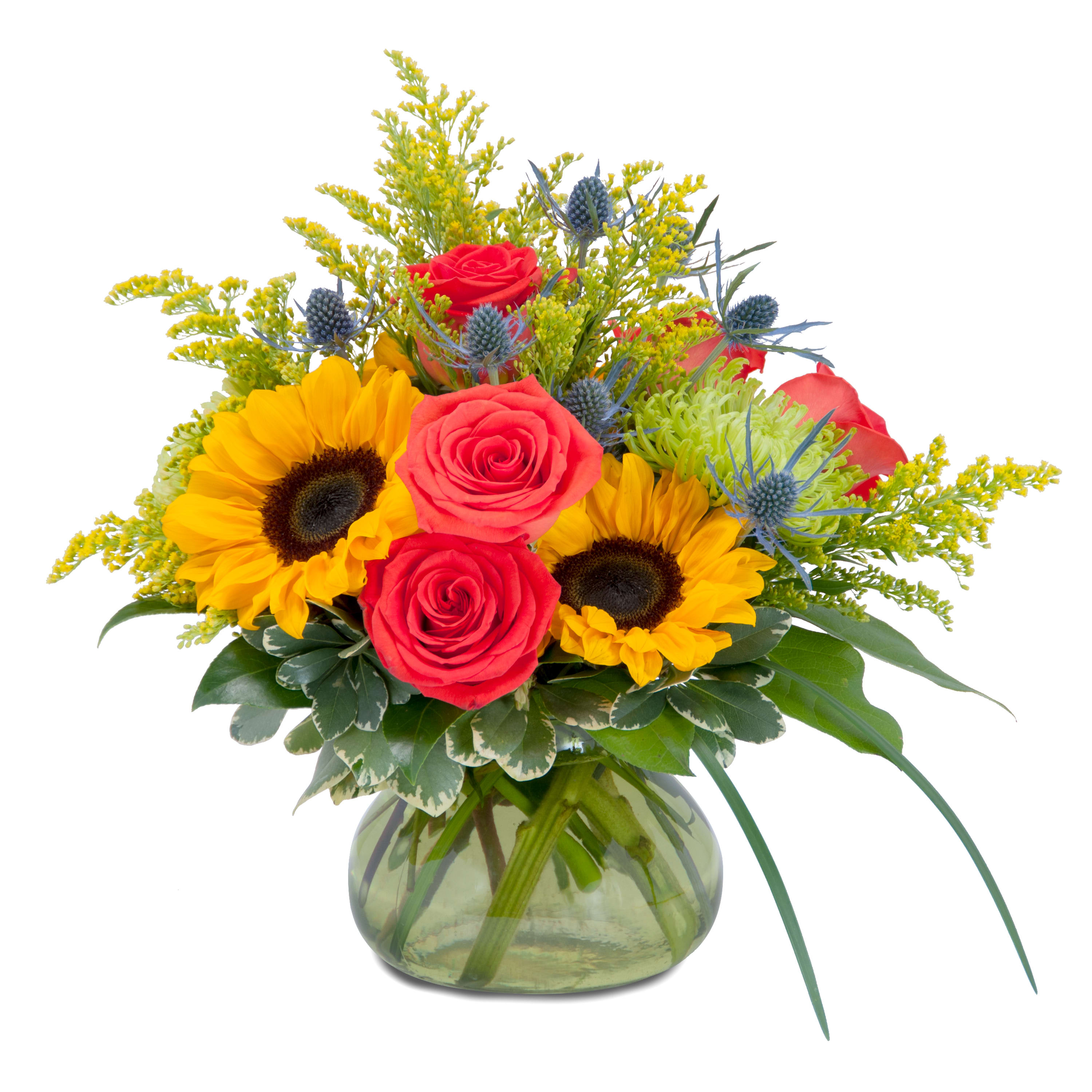 Sunlit Bounty Sunlit Bounty - Bright but warm colors of sunflowers, roses and accent flowers combine in this design to bring a bit of sunlit bounty. Approximately 11"H X 11"W