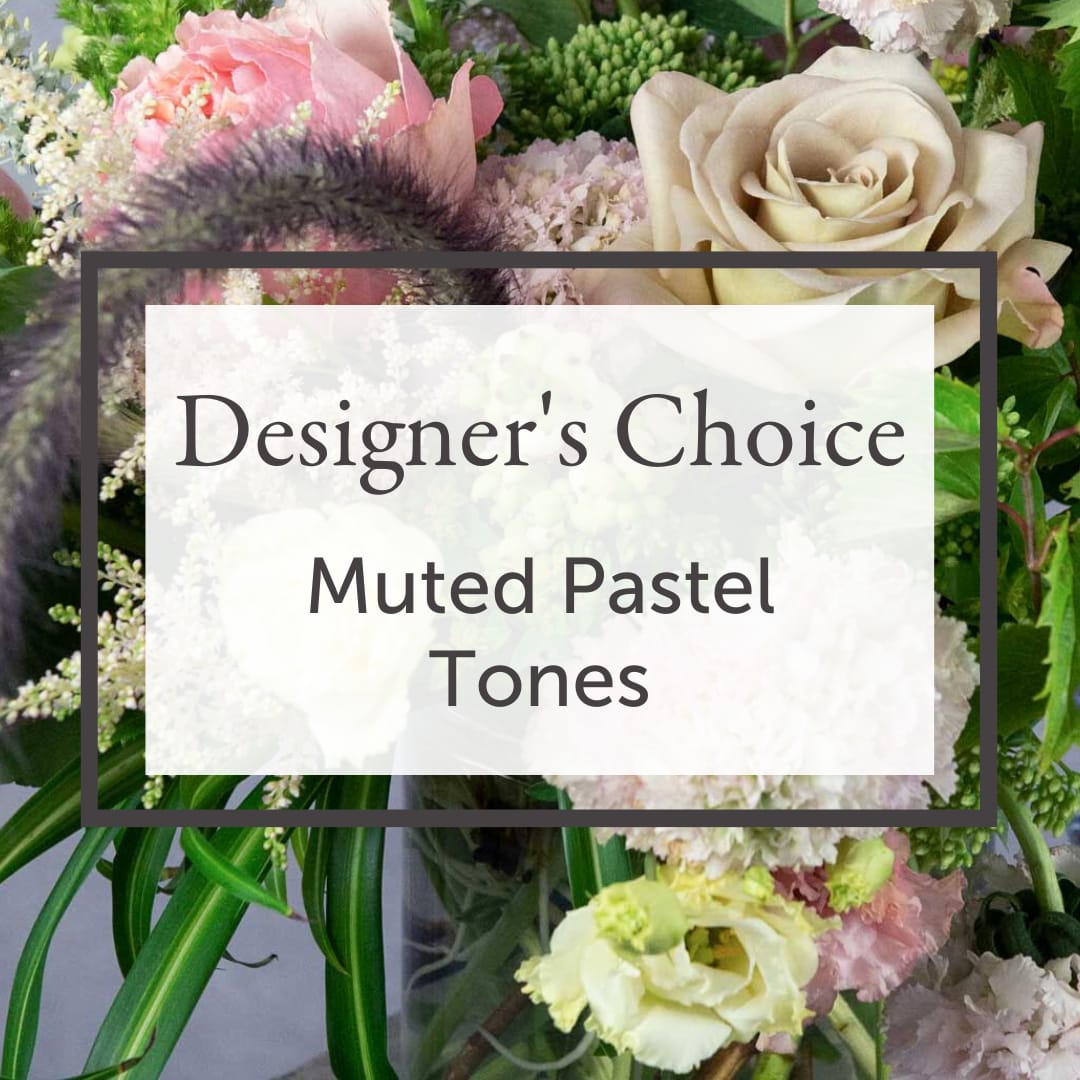 Designer's Choice - Muted Pastel Tones - Trust our design team to create a gorgeous, one-of-a-kind, DESIGNER'S CHOICE fresh arrangement using premium blooms in MUTED PASTEL TONES! Every arrangement is slightly different because our flower selection changes every day. We will choose from the day’s best selection of seasonal Muted Pastel blooms, seasonal greenery, &amp; textural elements. Flower varieties &amp; range of color saturation will vary with every Designer’s Choice arrangement, but that is what makes them so special! We are known for our premium Ecuadorian roses and, when the season permits, we prioritize locally grown flowers. The arrangement will be delivered in a quality vase or container and packaged in our beautiful Andrew’s Garden gift bag. SEE OUR SIZING GUIDELINES and other details on the &quot;Our Blooms&quot; page of our website.