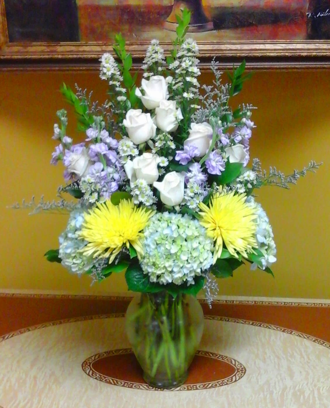 Blue Hydrangea and White Rose vase. One sided in Malden, MA