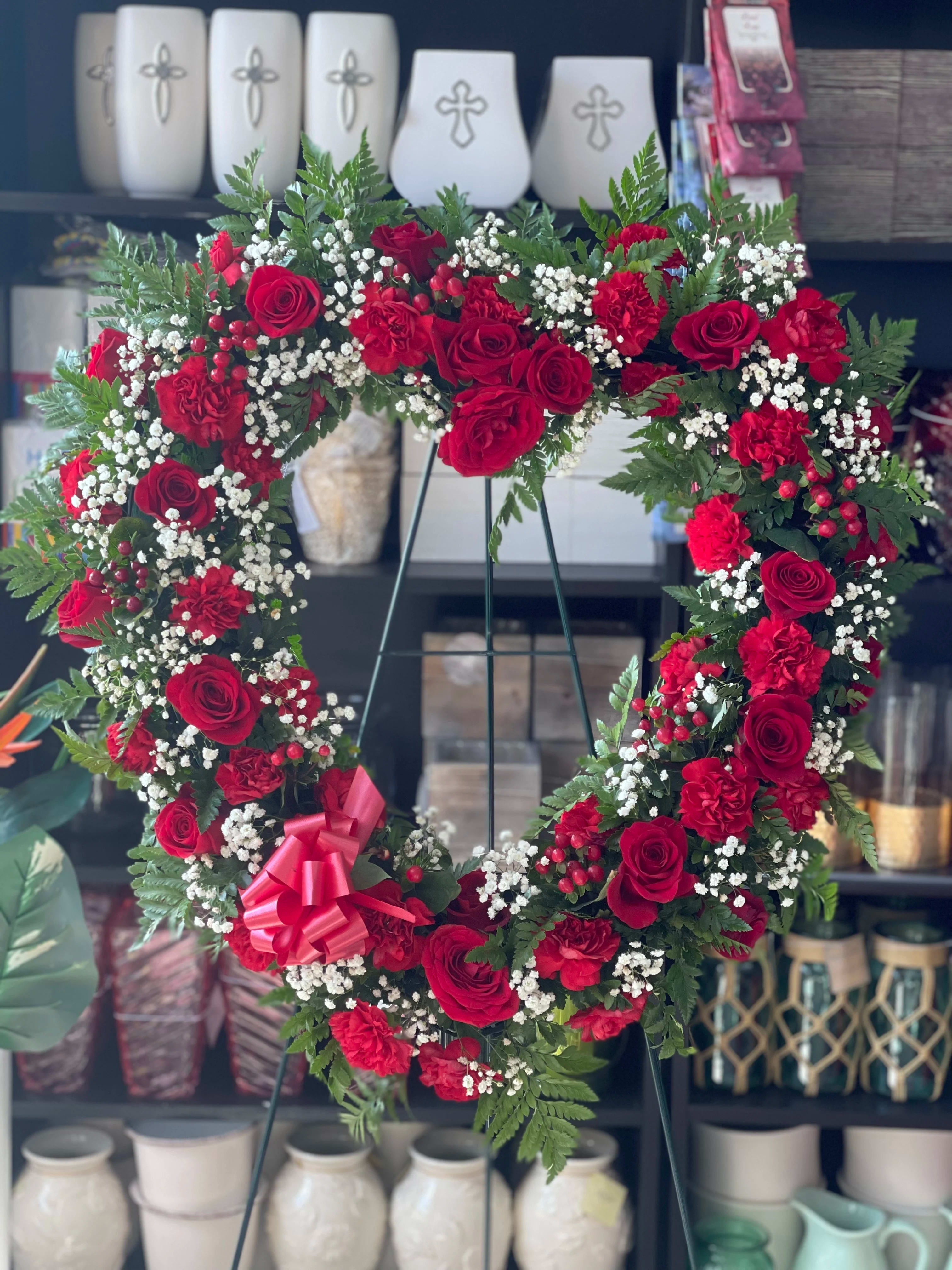 Rest in peace Rest in peace - Beautiful heart shape arrangement for a funeral! Say goodbye with this beautiful arrangement! 22' inches open heart!