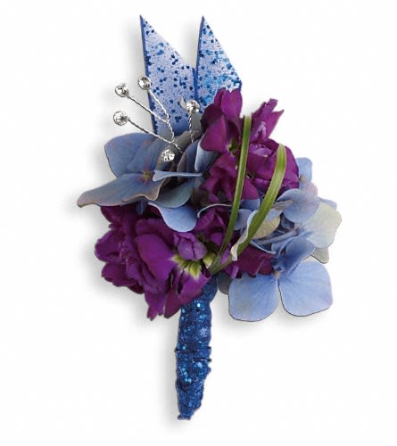 Feel The Beat Boutonniere - by Collene's Crafts-N-Flowers - Deep shades of blue hydrangea and purple stock echo the beat of the bass line. Blue hydrangea purple stock and bear grass with rhinestone touches.Approximately 3&quot; W x 4&quot; H Orientation: N/A As Shown : TPR10-1A