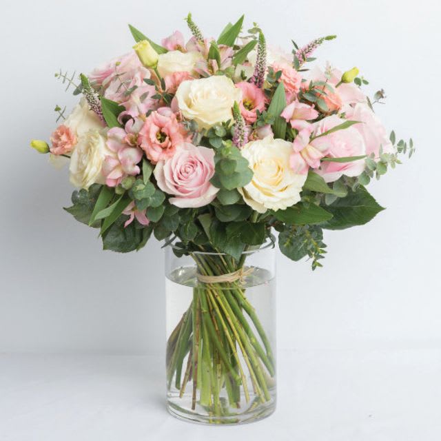 Pearl Garden Bouquet - sweet bouquet of blush pink Roses, pink Astrantia, white Lisianthus, and fragrant eucalyptus. 