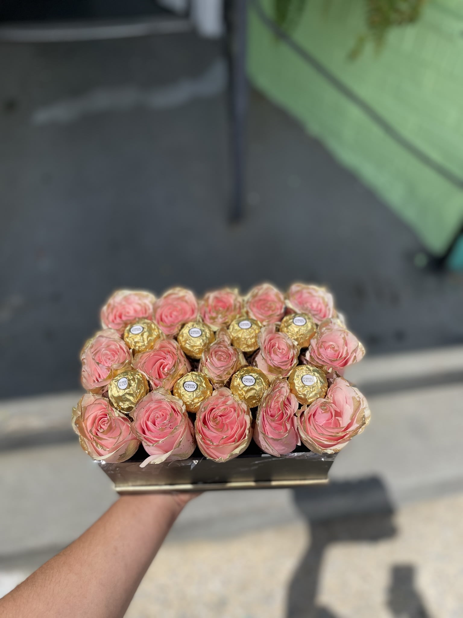 Dots of Love  - This gorgeous box arrangement has Ferrero chocolate and pink roses.