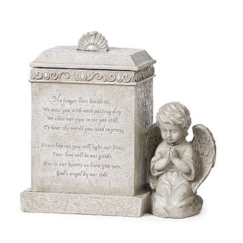 Cherub Memorial Box Cherub Memorial Box - This amazing cherub memorial box measures 9 Inches in Height, 8 3/4 Inches in Width and 4.5 Inches in Depth. Box is adorned with cherub on right side and lid embellished with fan shaped finial . Inscription reads "No longer here beside us, We miss you with each passing day. We close our eyes to see you still, to hear the words you used to pray. From Heaven you will light our lives, Your love will be our guide. For in our hearts we have you now, God's angel by our side." Internal box measurements are: 6" H x 4 5/8"W x 3 1/8" D