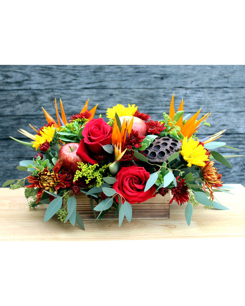 Woodland Celebration - This arrangement is as full as your schedule is during the Fall. A full assortment of fall flowers including red roses, birds of paradise, yellow daisy mums, with apples and greens in a wood-look container.