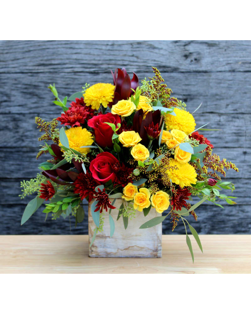 Woodland Harvest - Bright red roses, yellow mini roses, red and yellow carnations with assorted greens all in a whitewashed birch container.