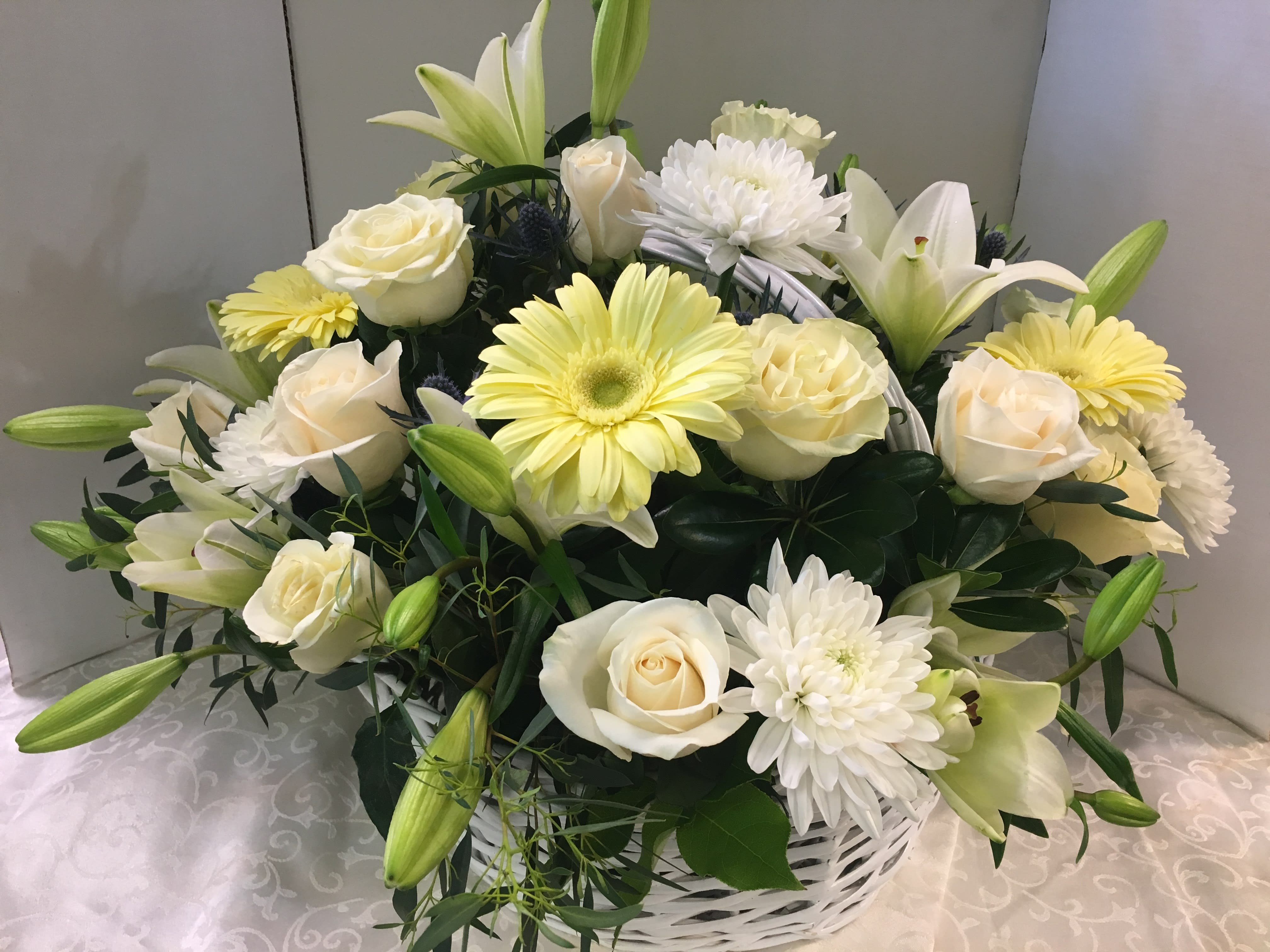 White Basket - White Roses, Gerbera Daisies, White Lilies, White Cremones