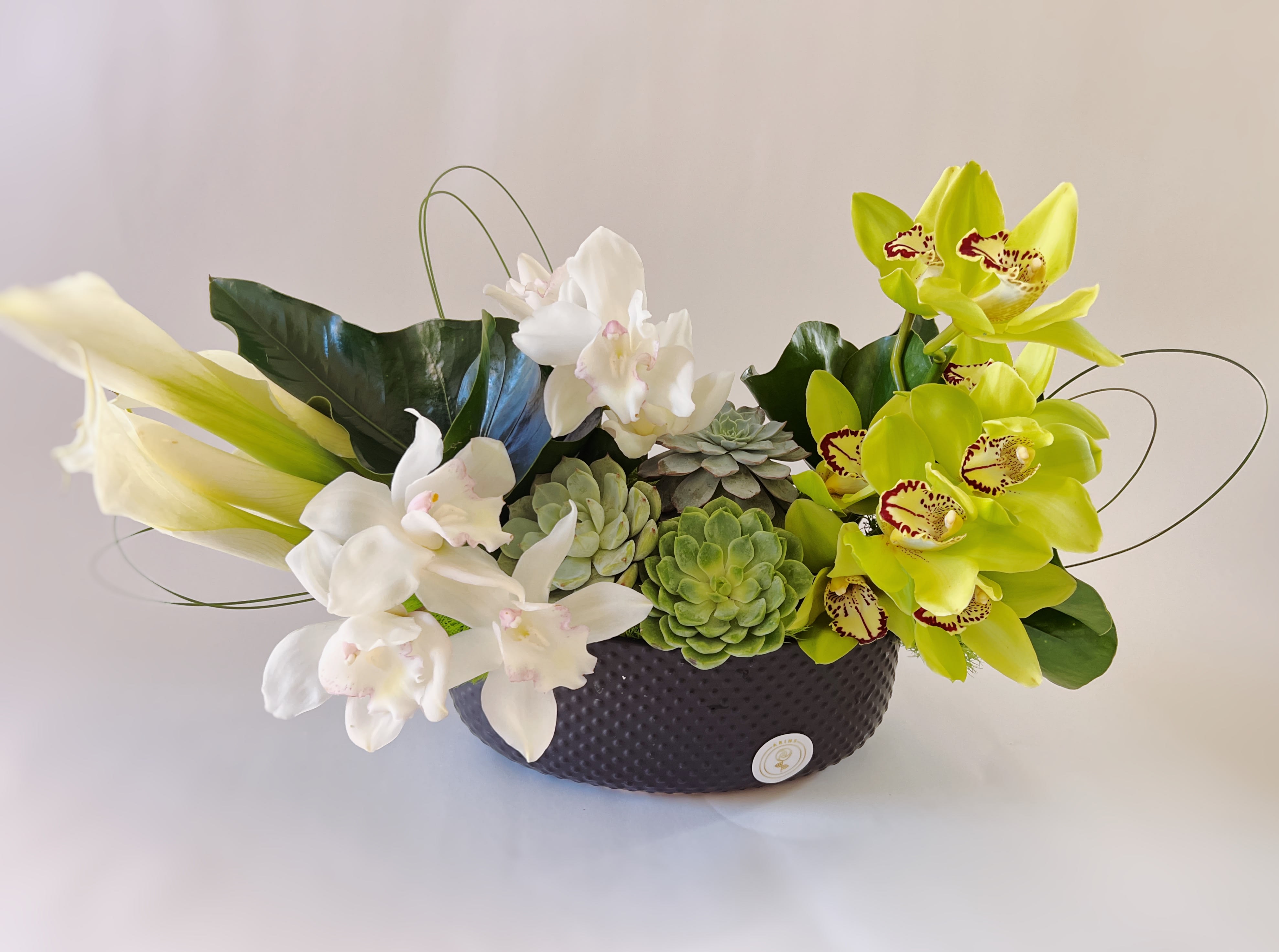 Regards - This lush green arrangement featuring calla lilies, orchids , succulents and Anthurium leaves Elegant, professional, and modern, send this arrangement when you want to make an impression. The perfect gift for Boss's Day, Admin Professional Week, or saying thank you and congratulations.   