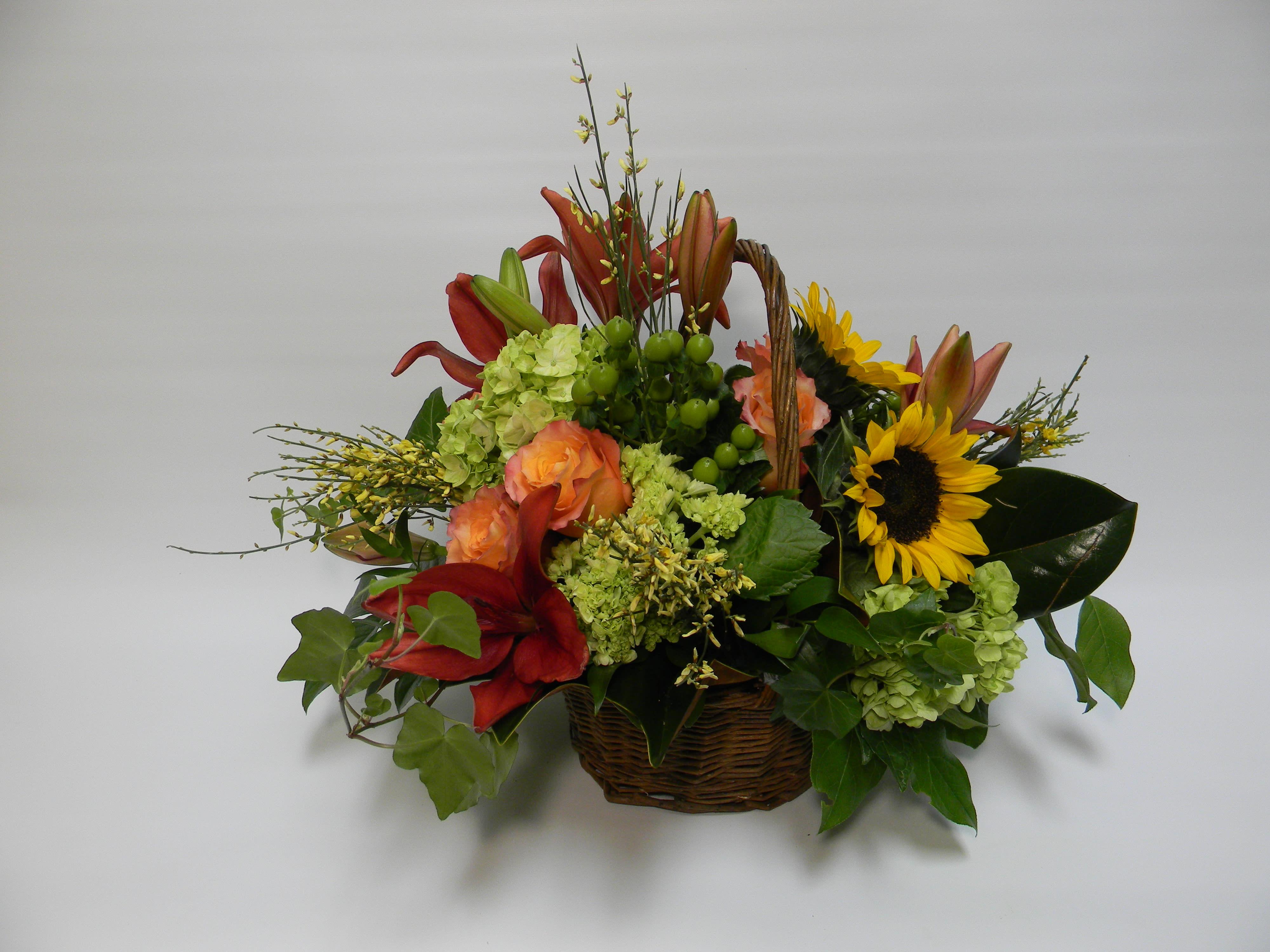 sunflower basket - A basket filled with sunflowers, hydrandea, lilys and beautiful roses